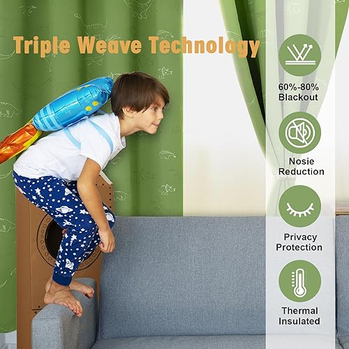 Miniatura 2 de Muwago Cortinas opacas de dinosaurio que brillan en la oscuridad con aislamiento térmico y ojales cortinas con aislamiento térmico para dormitorio y