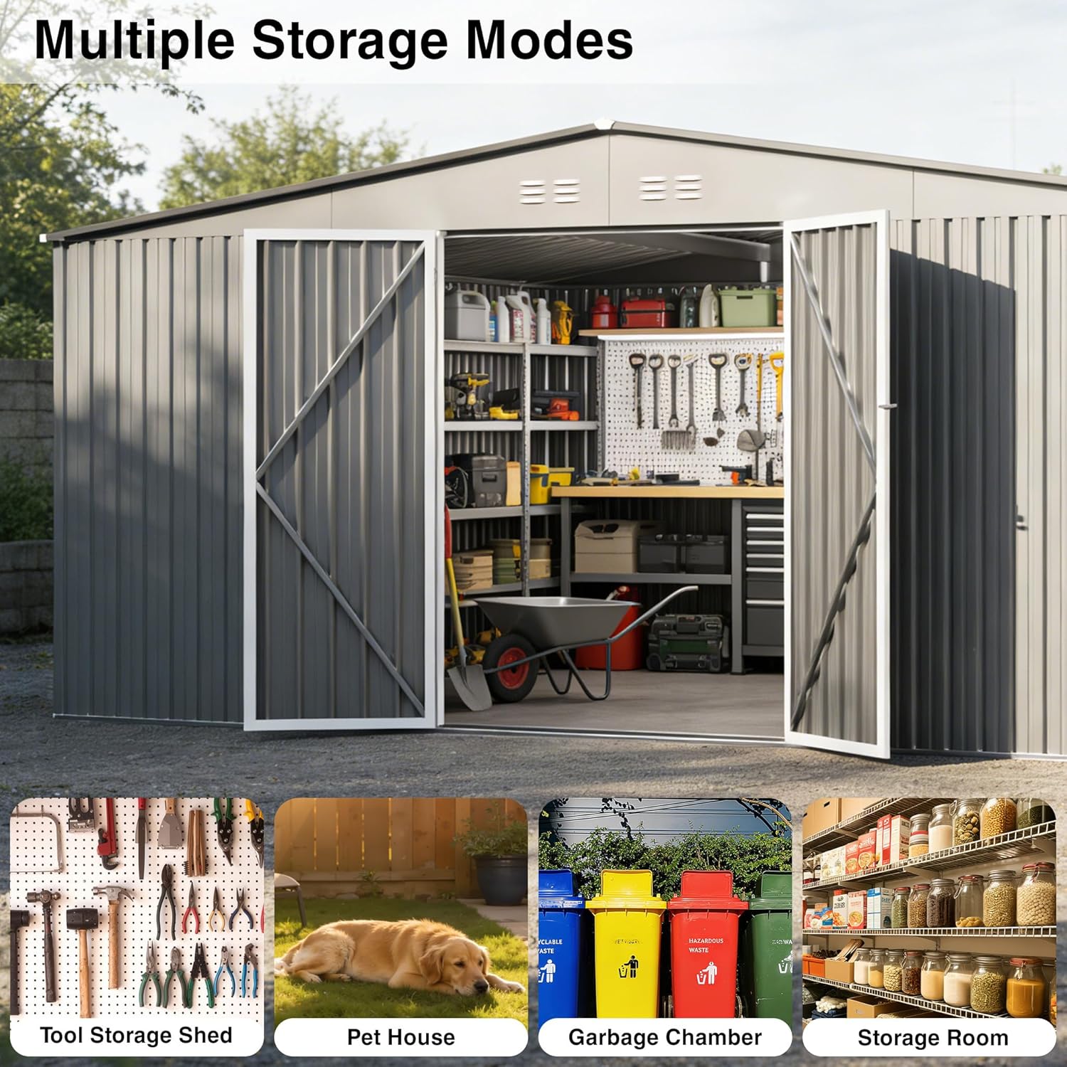 14 x 12FT Sheds & Outdoor Storage,Grey Metal Waterproof Storage Shed with Door and Lock Outdoor Shed,All-Weather Shelter for Bike, Gardening Tools, Lawn Mowers