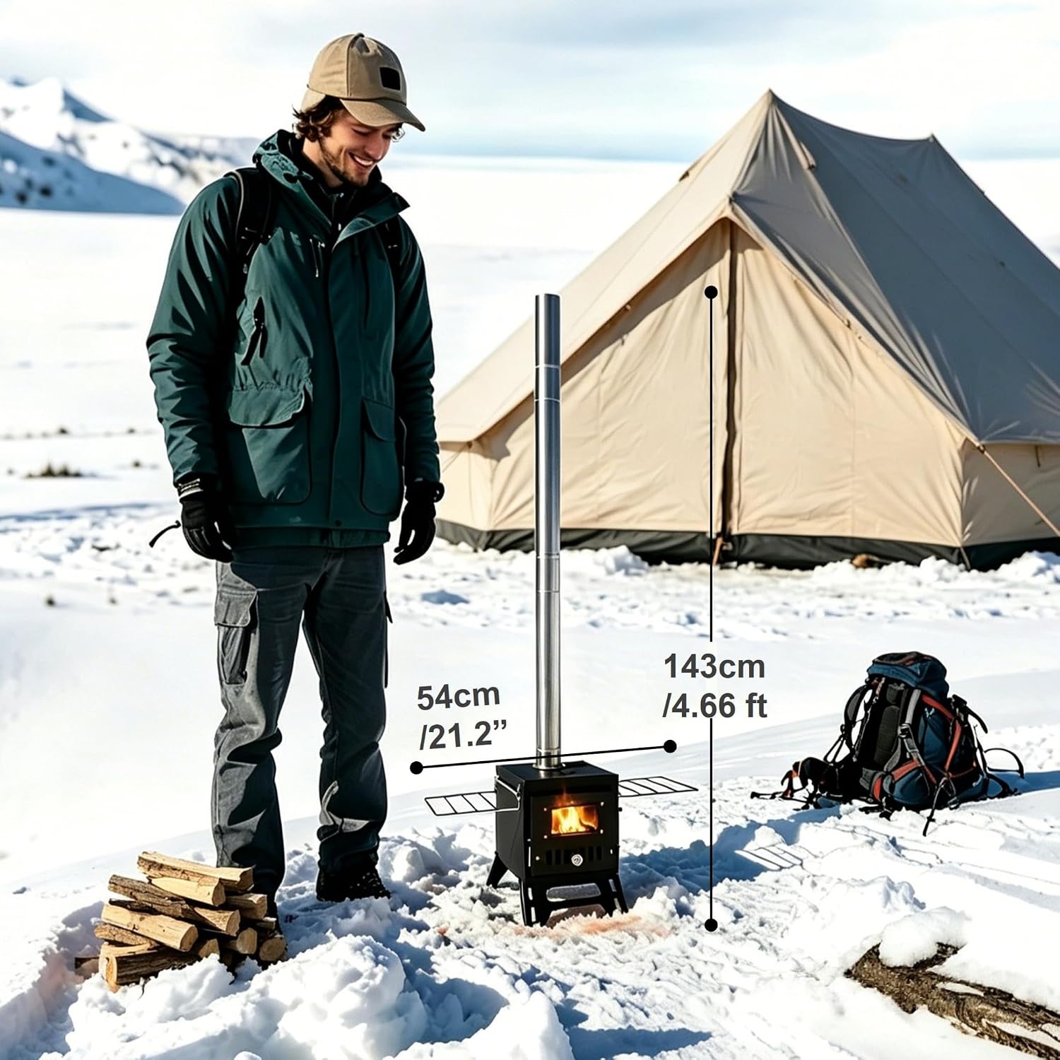 Mini Camping Wood Stove For Tent With Fire Mat, Chimney Pipes And Fire Poker, Compact Hot Tent Wood Burning Stove Kit With Flame Window For Backyard, Campsites, RV Trip And Ice Fishing.