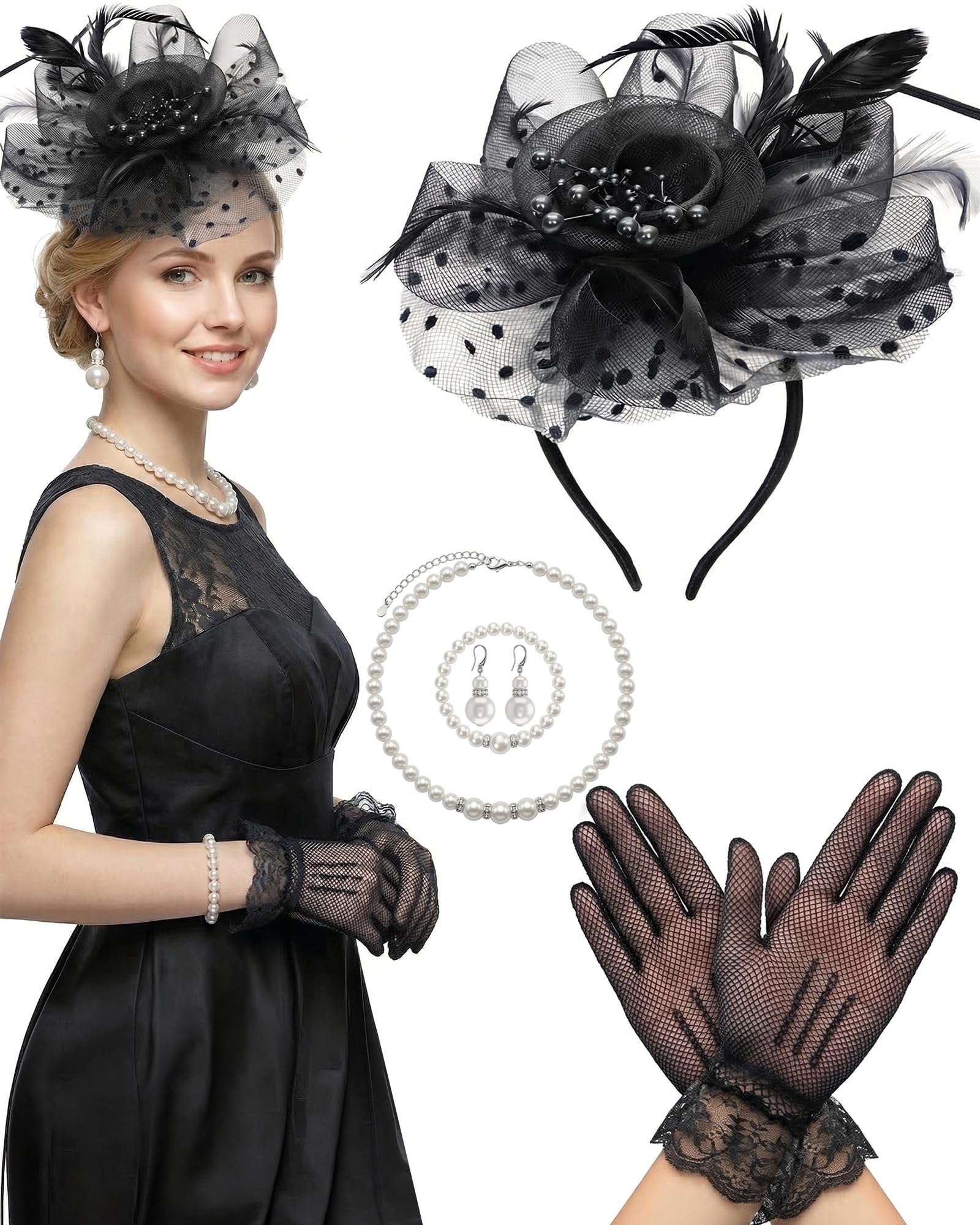 Thstdhy Fascinators Hat for Women Tea Party Fascinator Headband with Gloves Tea Party Accessories for Ladies