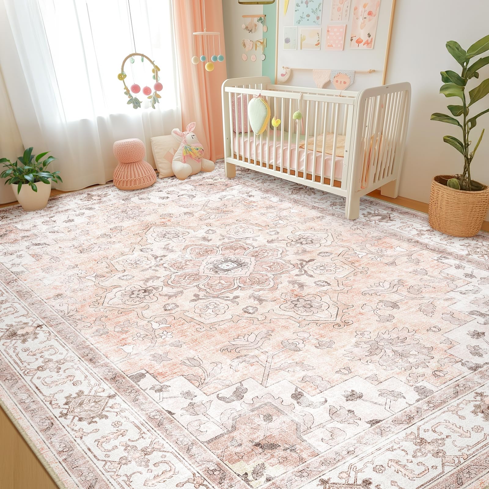 Machine Washable Rugs Nursery Rug 8x10 Cute Girl Non Slip Low Pile Water Repellent Soft Print Pattern for Bedroom Indoor Decor Kids Playroom Pink