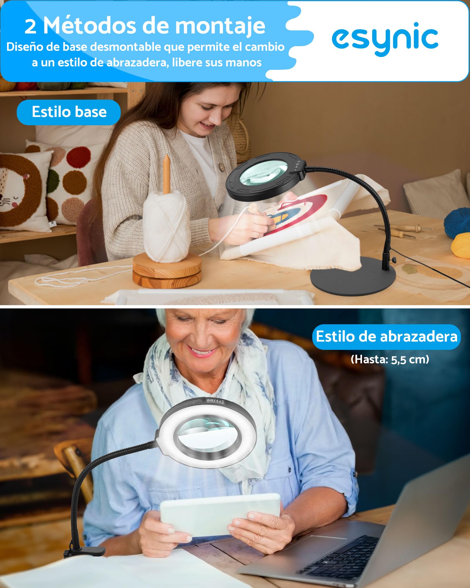 eSynic Lupa con Luz LED 8X Profesional Lámpara de Mesa con 72 LED Ajustables, 10 Niveles de Brillo + 5 Temperaturas de Color, Base de Metal Pesado y Brazo Flexible de 35cm para Lectura/Manualidades