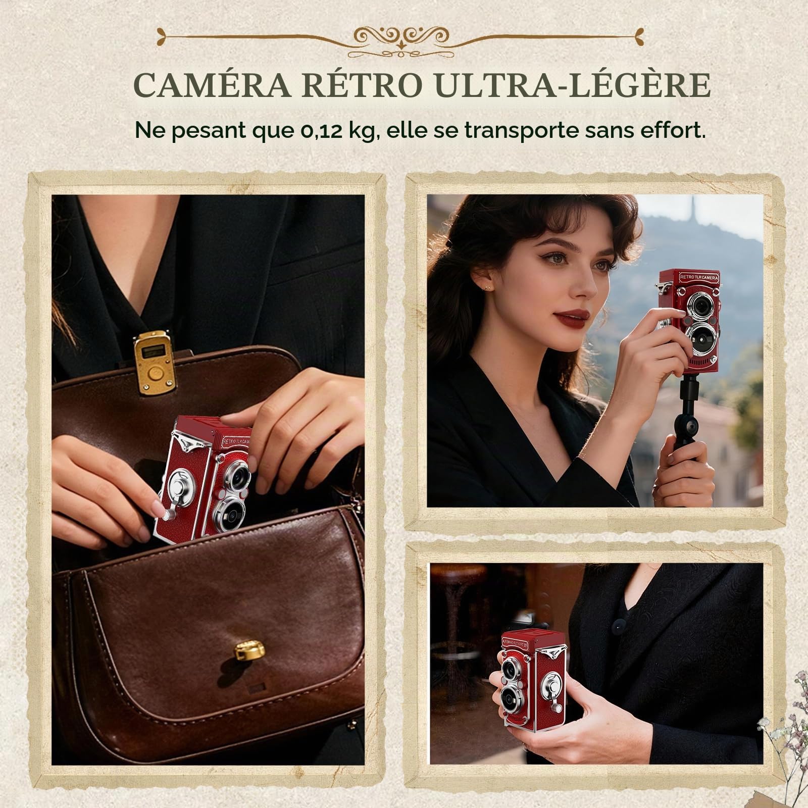 Mini appareil photo numérique rétro, résolution d'image 48 MP vintage à manivelle avec carte mémoire de 32 Go, écran de 1,54", vision nocturne 1080p, pour débutants, adultes et adolescents (rouge)