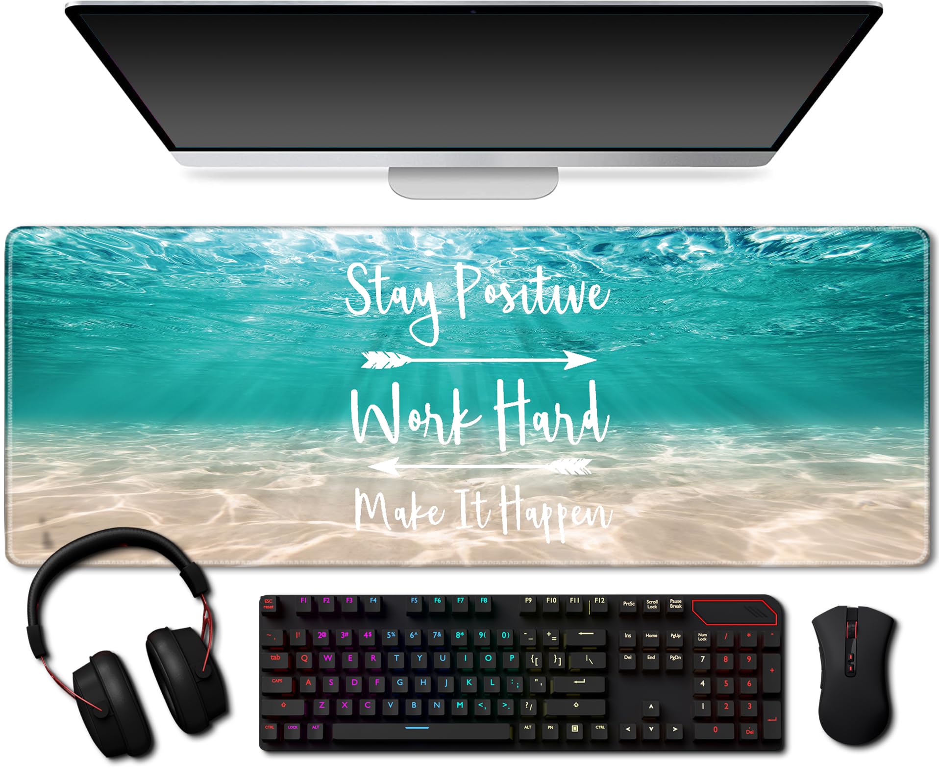 Alfombrilla de mouse extendida con bordes cosidos para computadora y teclado, 31.5 x 11.8 pulgadas, alfombrilla de mouse de escritorio – Stay Positive Work Hard Pink Glitter