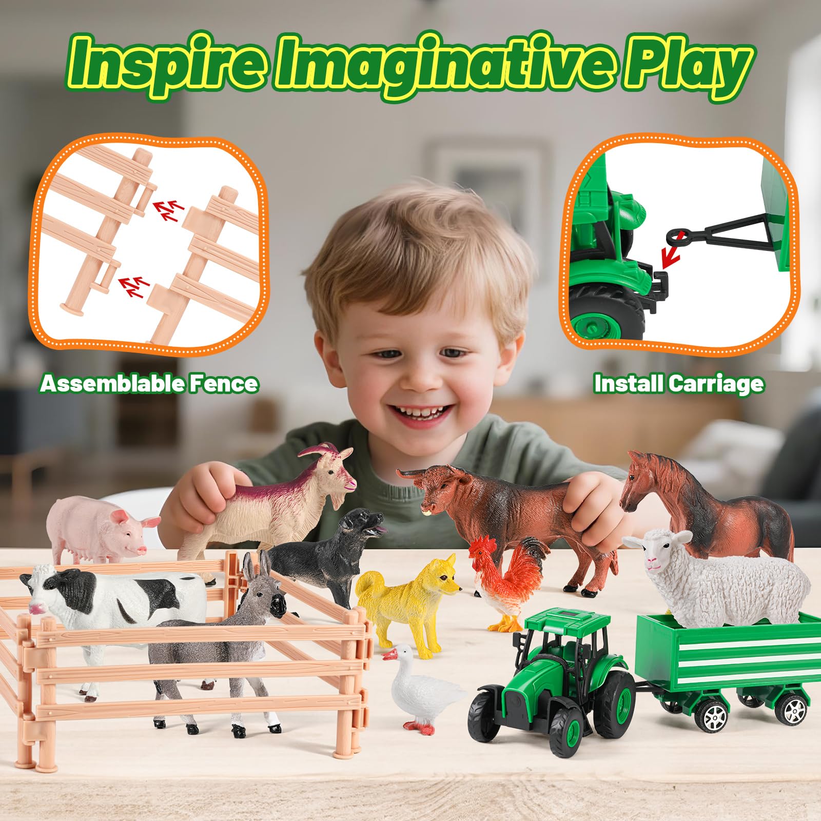 FRUSE Animali Giocattolo per Bambini,23 Pezzi Animal Farm con Realistico Fattoria Animali Figure,Trattore Giocattolo, Balle di Fieno e Recinti,Giochi Educativo per Bambina Ragazzo Ragazza 3 4 5 6 anni