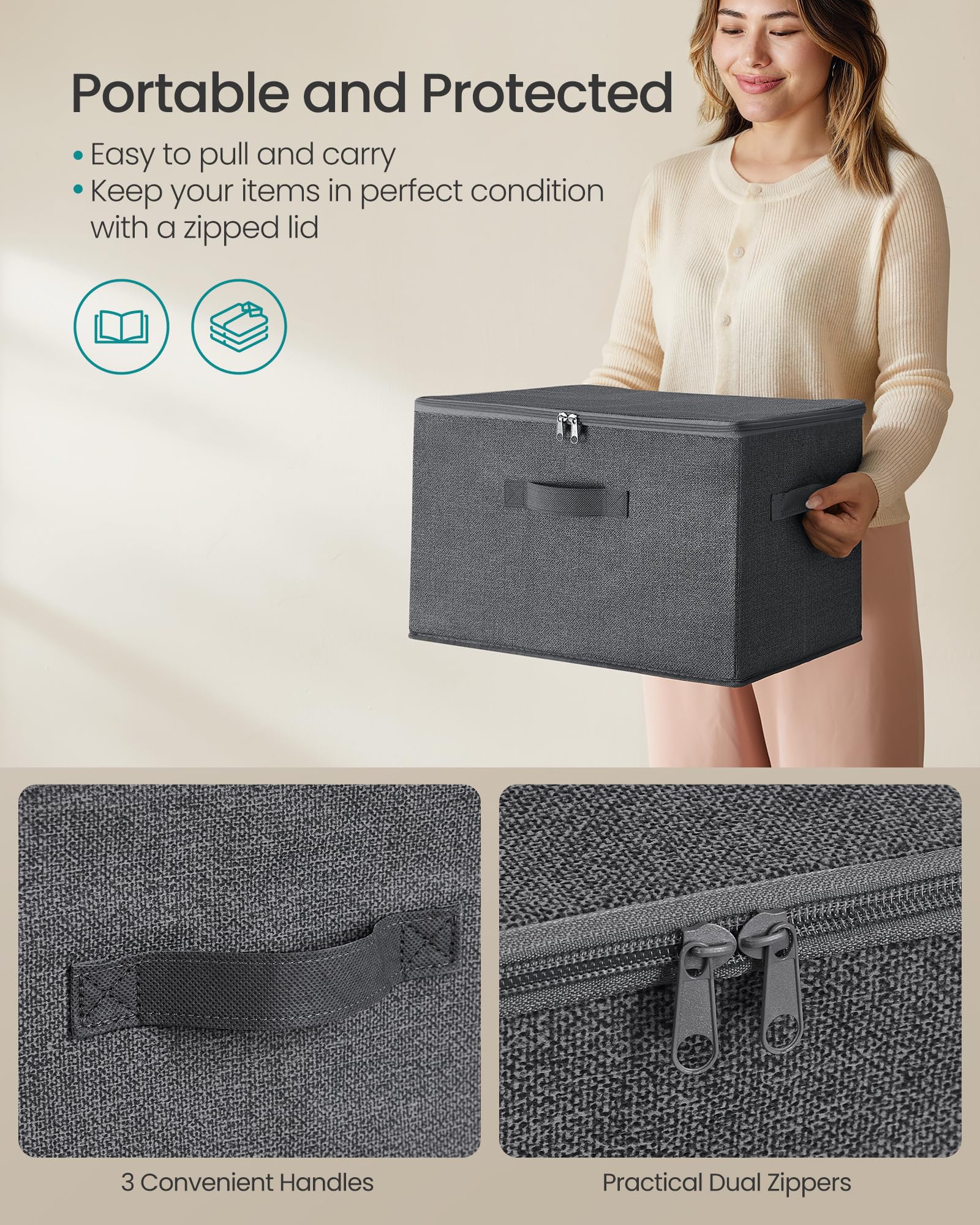 SONGMICS Faltbare Aufbewahrungsboxen, Set mit 6 Aufbewahrungskörben mit Deckel, Griffen, Kleider-Organizer, 40 x 30 x 24 cm, Vliesstoff, Schiefergrau URZB003G02