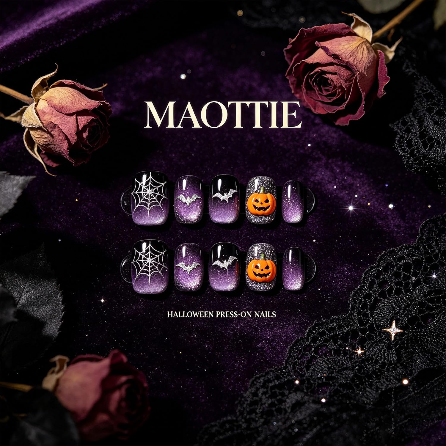 Halloween Press on Nails Short Almond Fake Nails White Ghost Black Spider Web Stars Bat Dot Lines Designs Glossy Glue on Nails Nude Halloween Nails Press ons Acrylic Stick on Nails for Women 30Pcs