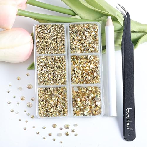 Miniatura 3 de Beadsland 4300 piezas de diamantes de imitación con parte trasera plana, diamantes de imitación dorados para uñas, piedras preciosas redondas de