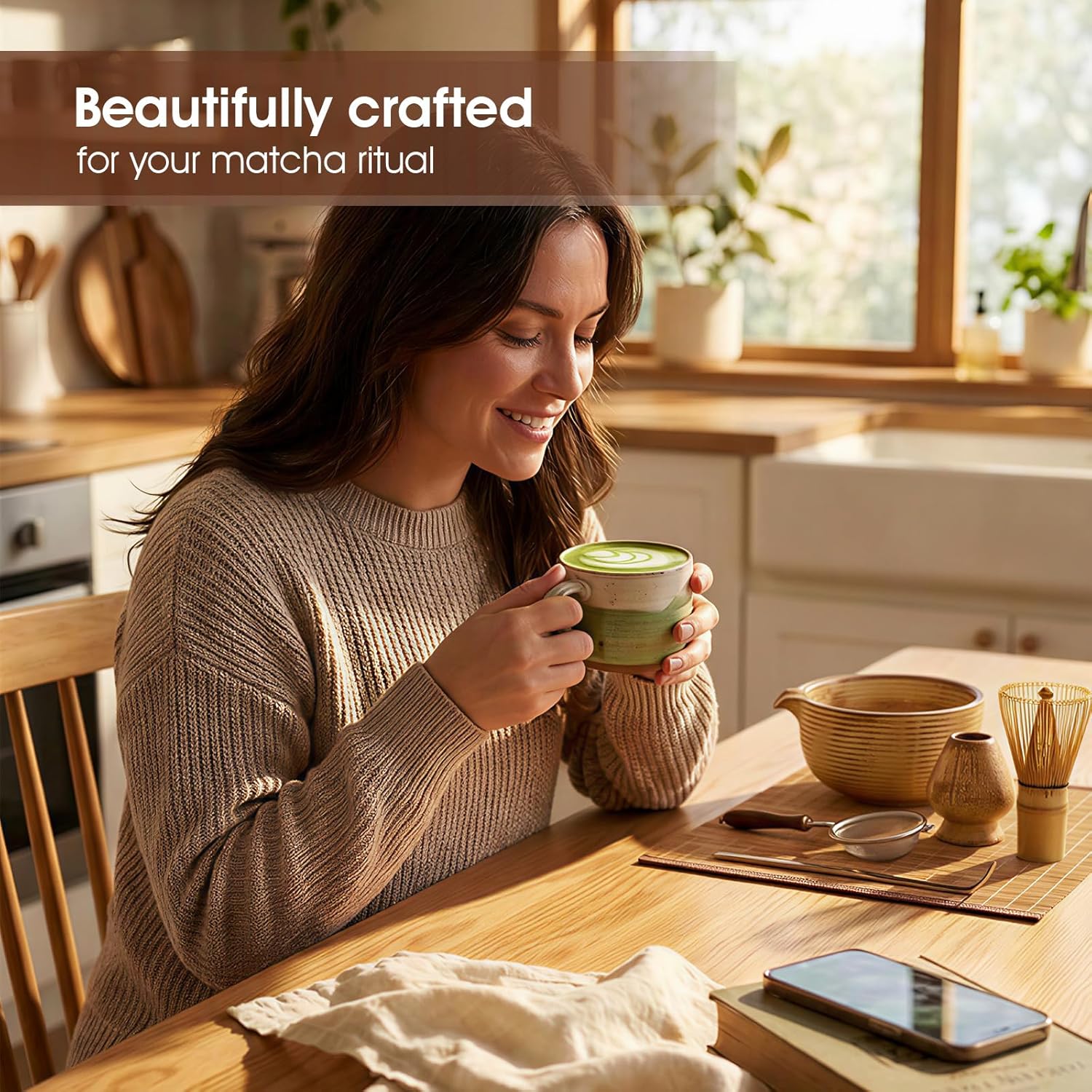 Matcha Whisk Set, 7-Piece Matcha Kit with Ceramic Matcha Bowl, Bamboo Whisk, Scoop & Sifter - Complete Matcha Tea Set Perfect for Beginners & Matcha Lovers (Mottled Yellow)