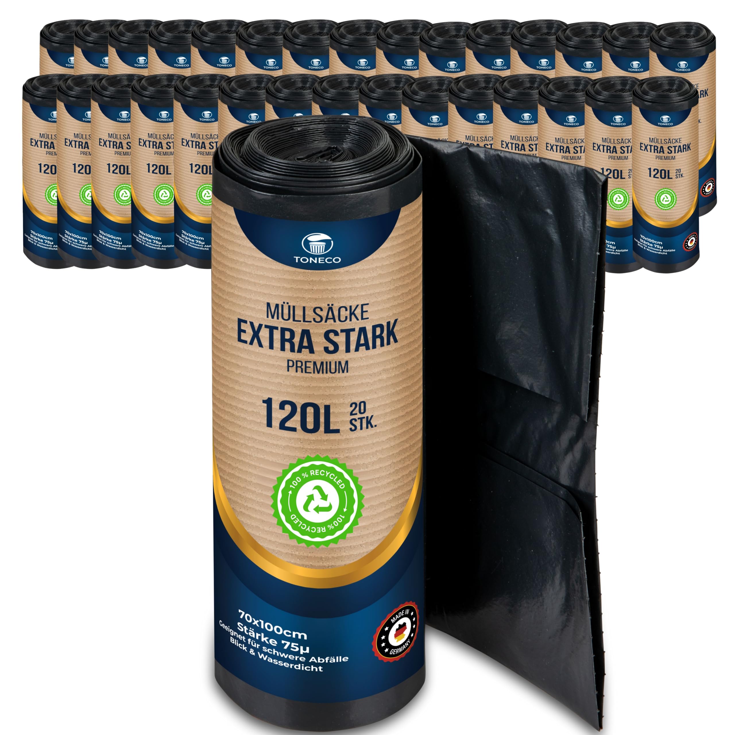 TONECO Profi Müllsäcke 120L EXTRA STARK 70μ - 600 Stück auf 30 Rollen -100% Recycelt - (20 bis 600 Säcke wählbar) - Rollengewicht 1,8 kg - XXL Mülltüten (600)