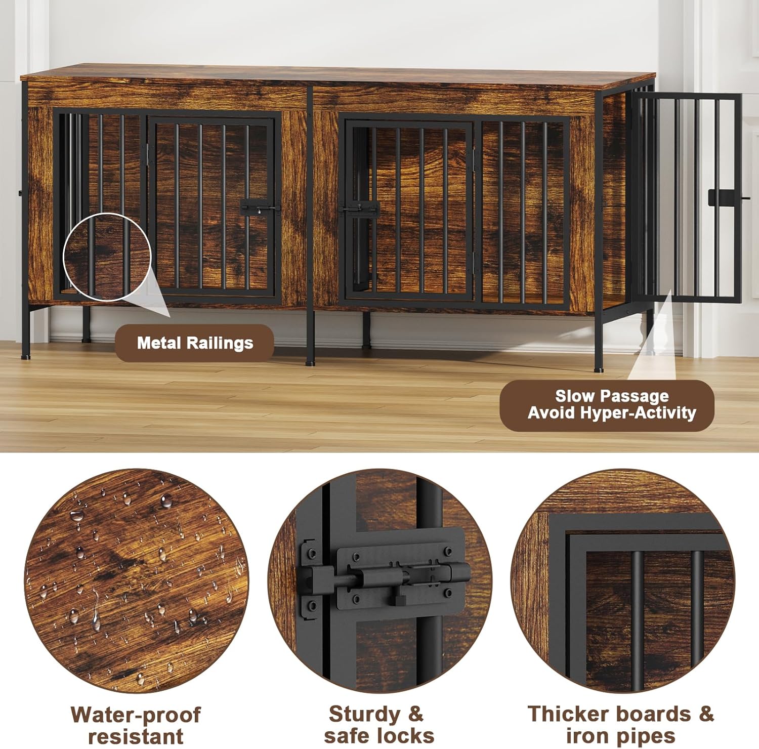 Close-up of the EasyCom Dog Crate Furniture showing sturdy metal railings, secure locks, and thick wooden boards.