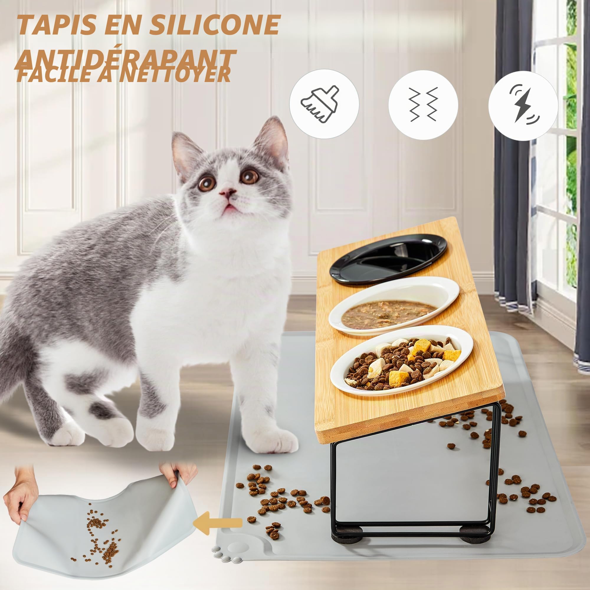 Gamelle Chat Surélevée - 3 Bols Céramique de Nourriture Avec Support 15° Incliné et Tapis - Pour Chats et Petits Chiens
