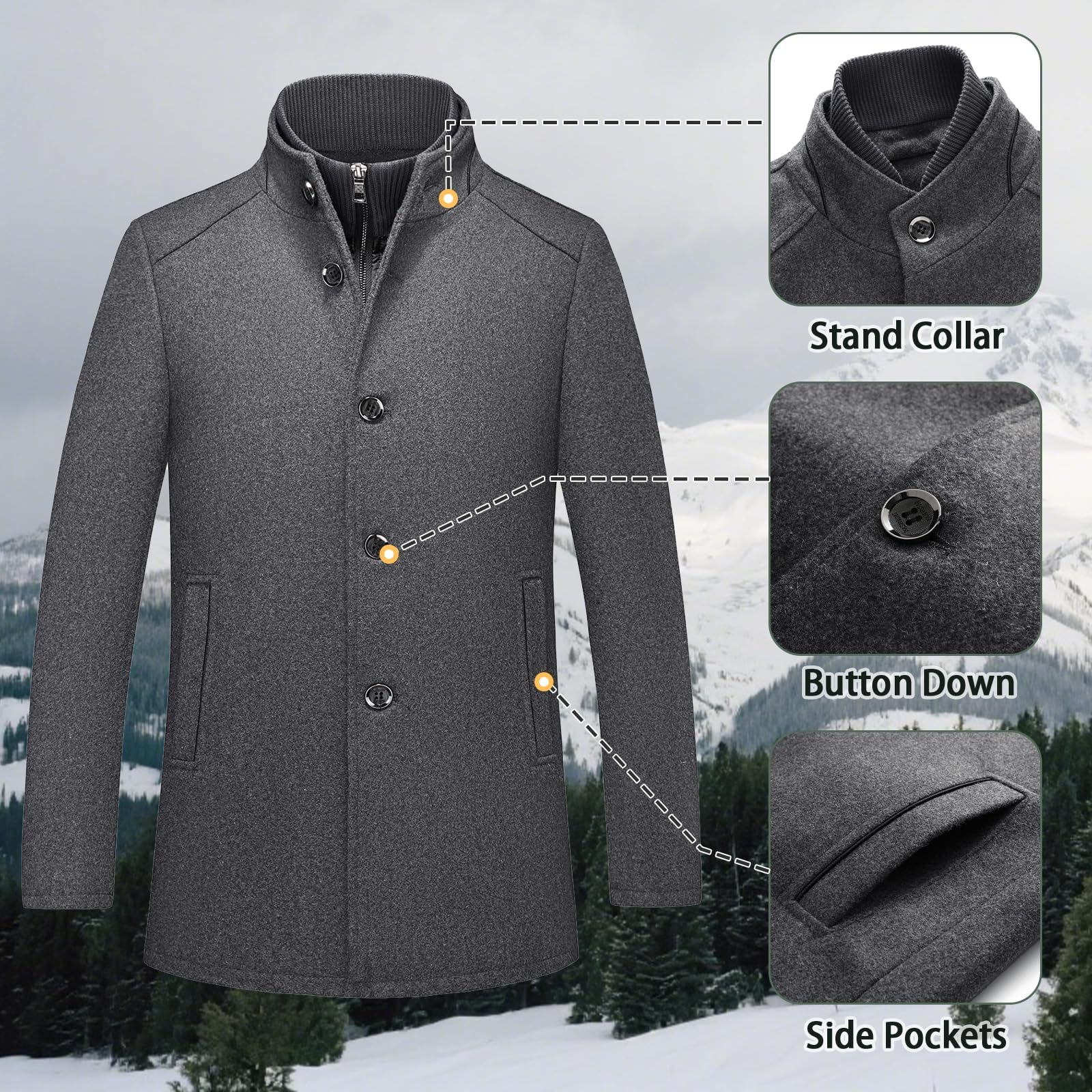 KUDORO Manteau Homme Mi-Long en Laine Chaud pour Hiver Col Montant Trench Coat Classique Parka Pardessus Caban Slim Fit Coup-Vent