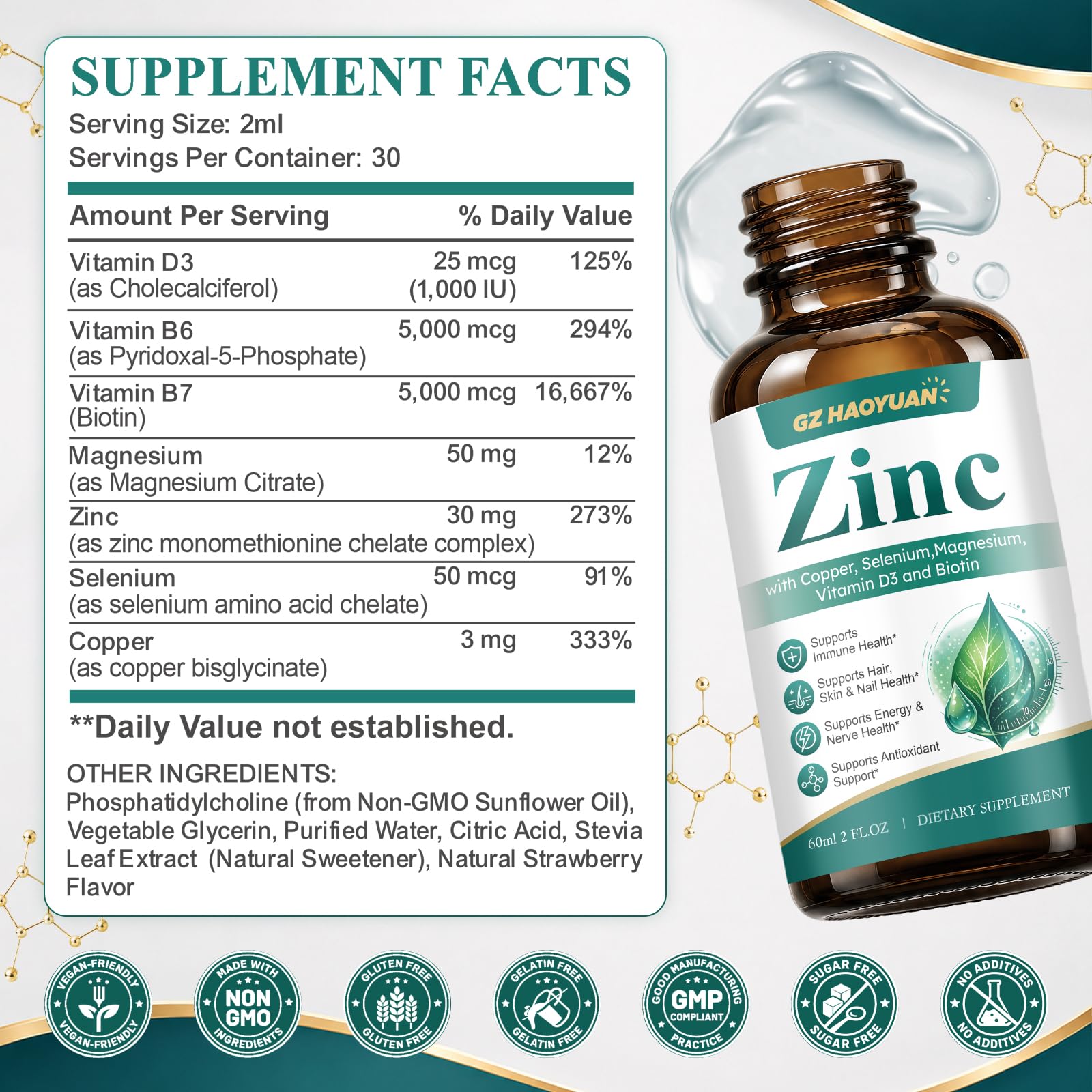 Liposomal Zinc Liquid Drops with Copper, Selenium, Magnesium, Vitamin D3, B6 & Biotin, 30mg Zinc Supplement for Immune, Hair, Skin, Nail, Energy & Nerve Support for Men & Women, Strawberry, 2 Fl Oz — Amazon image 4