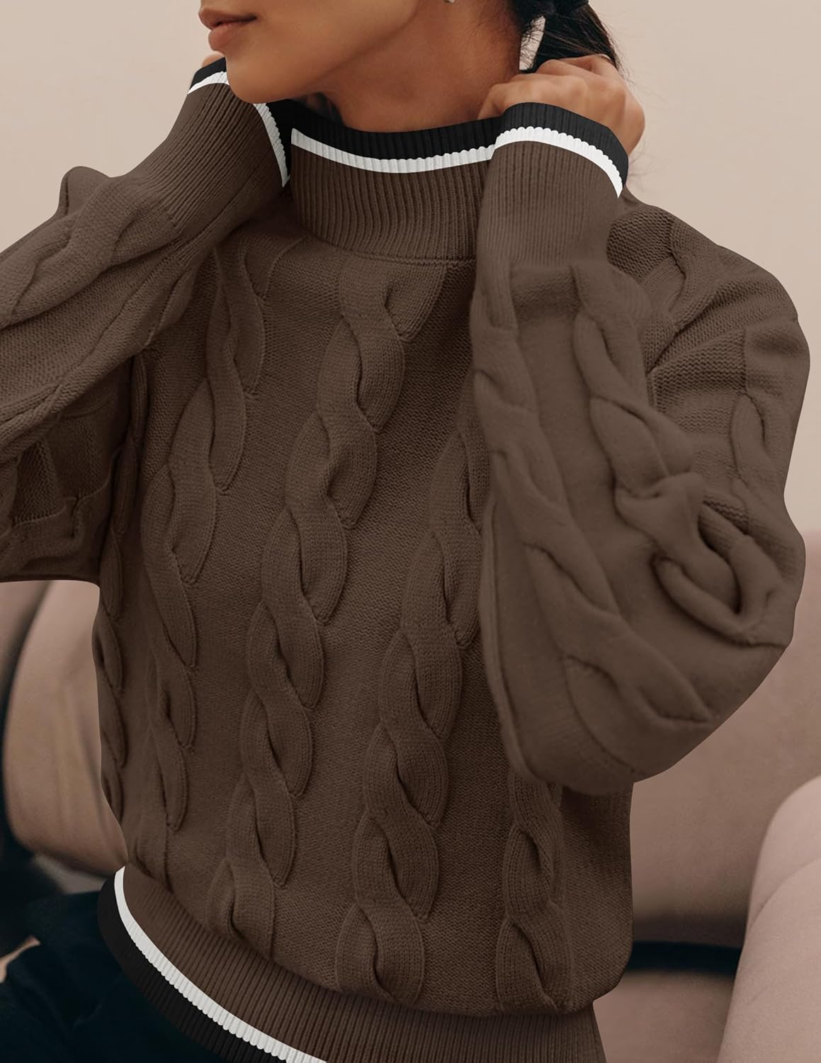 ZESICA Women's Casual Long Sleeve Mock Neck Cable Knit Contrast Color Fall 2026 Winter Chunky Pullover Sweater - Image 2