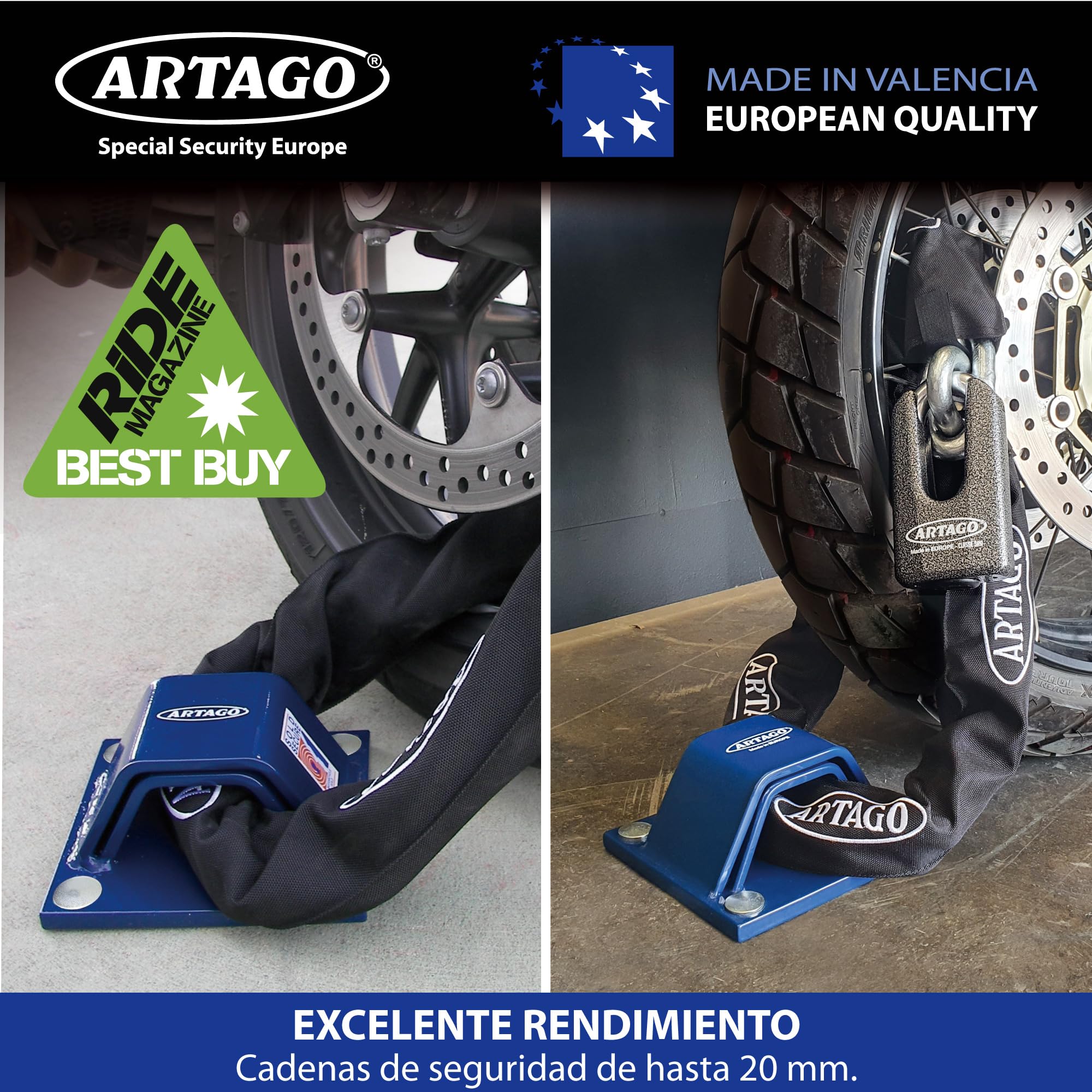 ARTAGO 61 Anclaje Seguridad Alta Gama, El Anclaje Antirrobo Moto Homologado Sold Secure Más Seguro, N1 Test Comparativo, Doble Puente Acero 6+6, Tacos Exclusivos Blindados, Suelo Pared Garaje Parking
