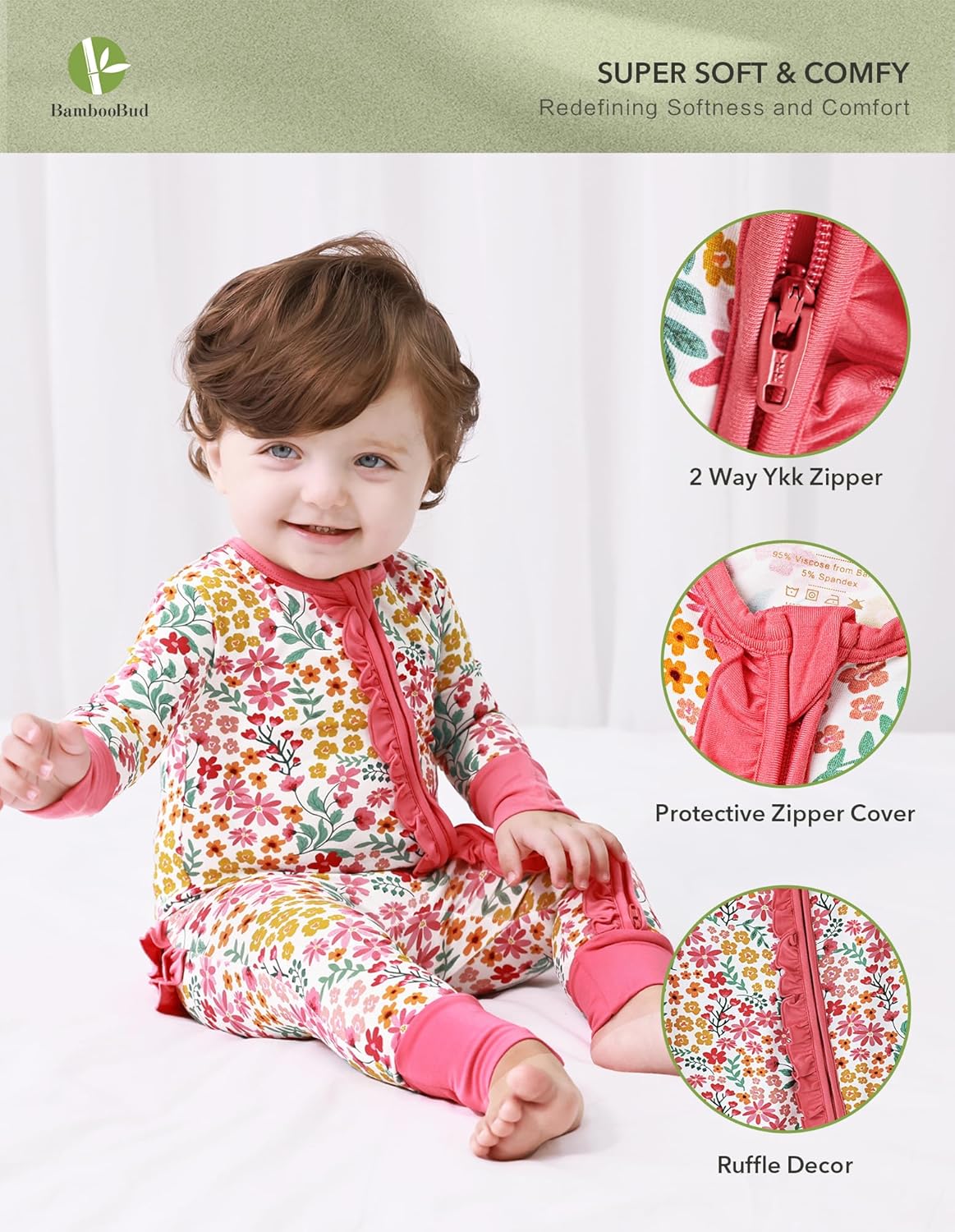 Baby Girls Rompers Soft Infant Toddler Zippered Footed Romper Newborn Viscose from Bamboo Pjs - Image 2