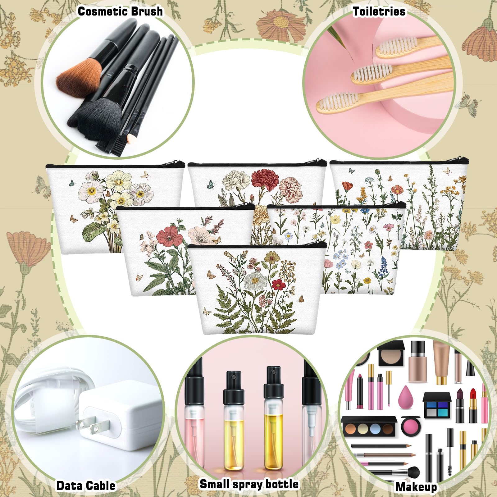 Sweetude 12 Pcs Spring Flowers Makeup Bag Bulk Portable Travel Cosmetic Bags with Zipper Wildflower Floral Waterproof Roomy Travel Beauty Toiletry Organizer Storage Pouch for Women Spring Gifts