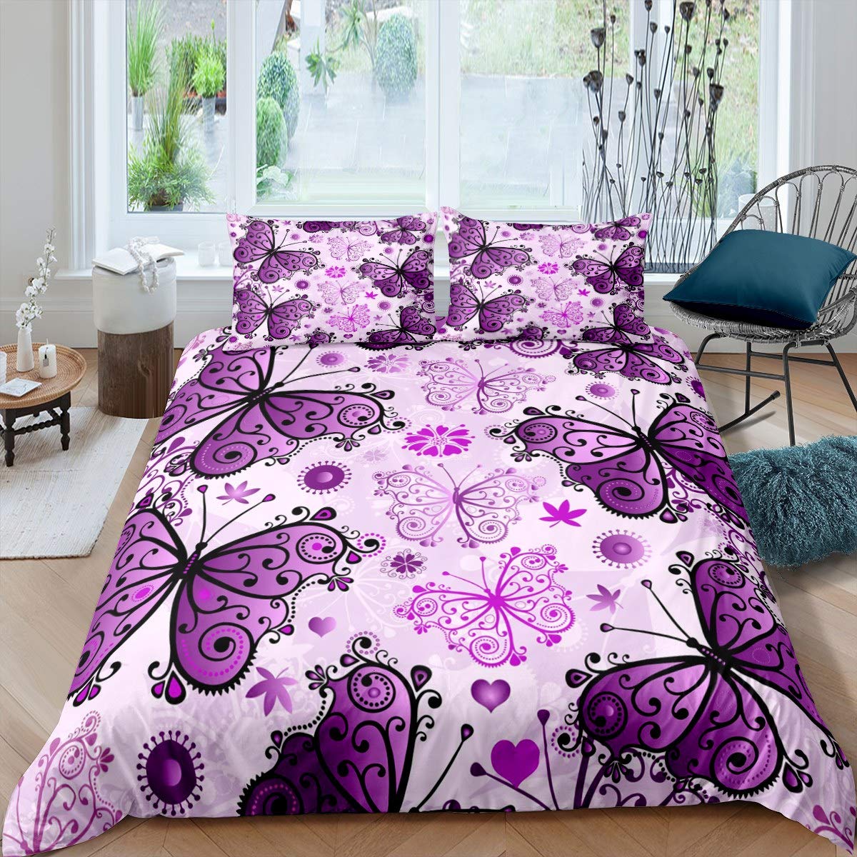 Loussiesd - Juego de funda de edredón para niñas y niñas, diseño de mariposas, color morado