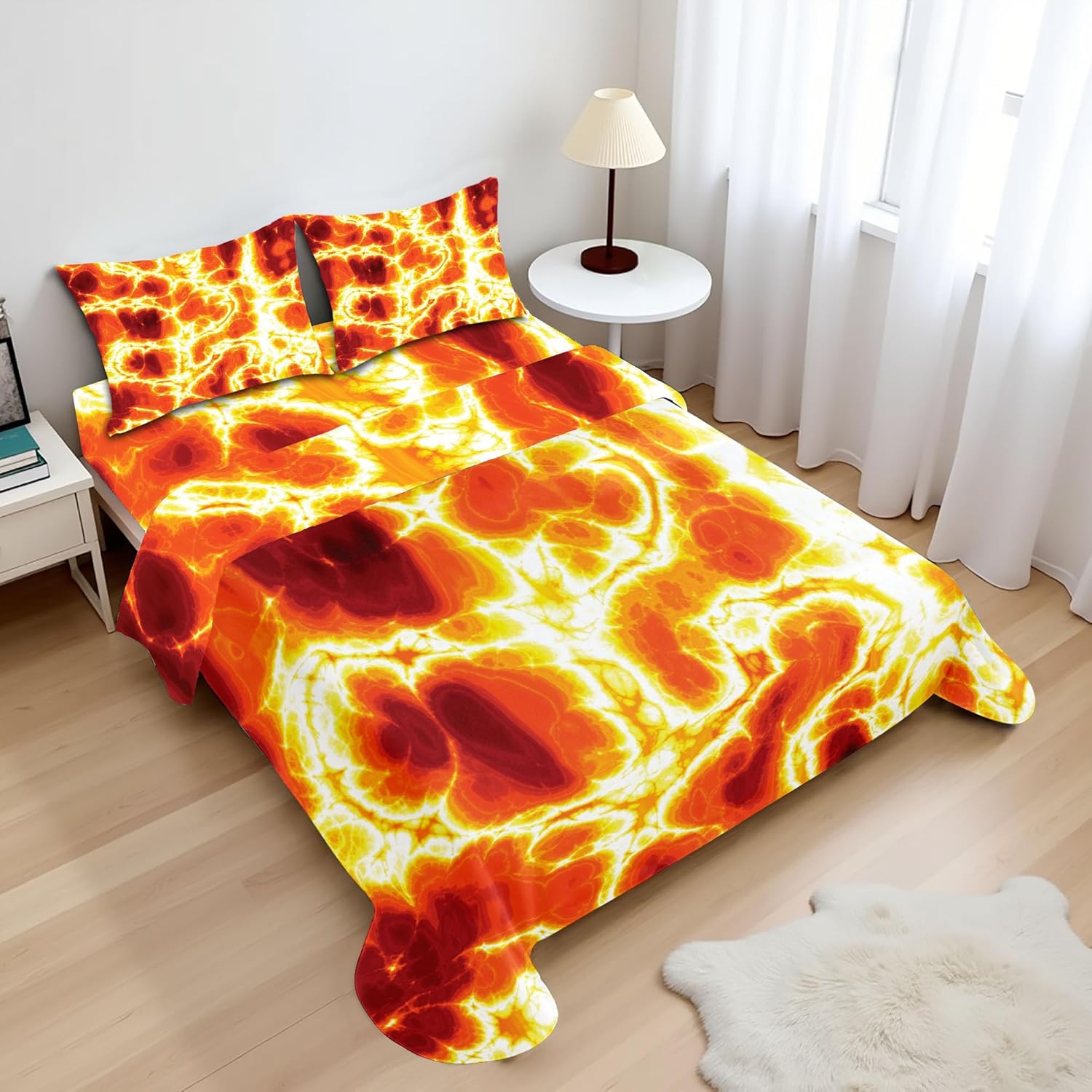 Ambesonne Burnt Orange Sheet Set, Hot Lava Texture Bursting Volcanic Heated Magma Image Warm Colored, Fitted and Flat Sheet with Pillowcase Bedding Accent 4 Piece Set, Full, Yellow Orange