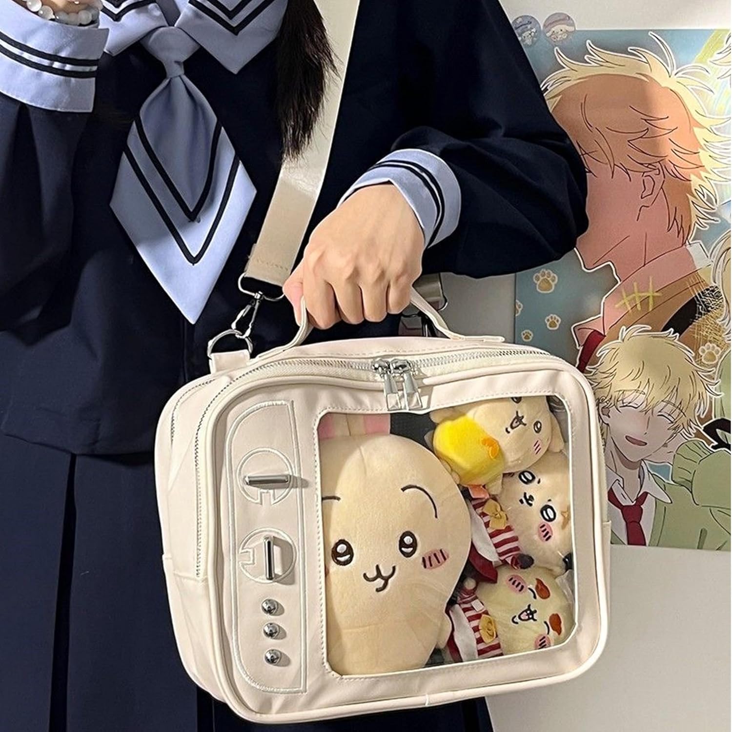 TTCAYU TV TV Shape Ita Bag For Dolls Fixed Grid Panel Adjustable Crossbody Plush Display Backpack with Wide Display Compartment (White-TV)