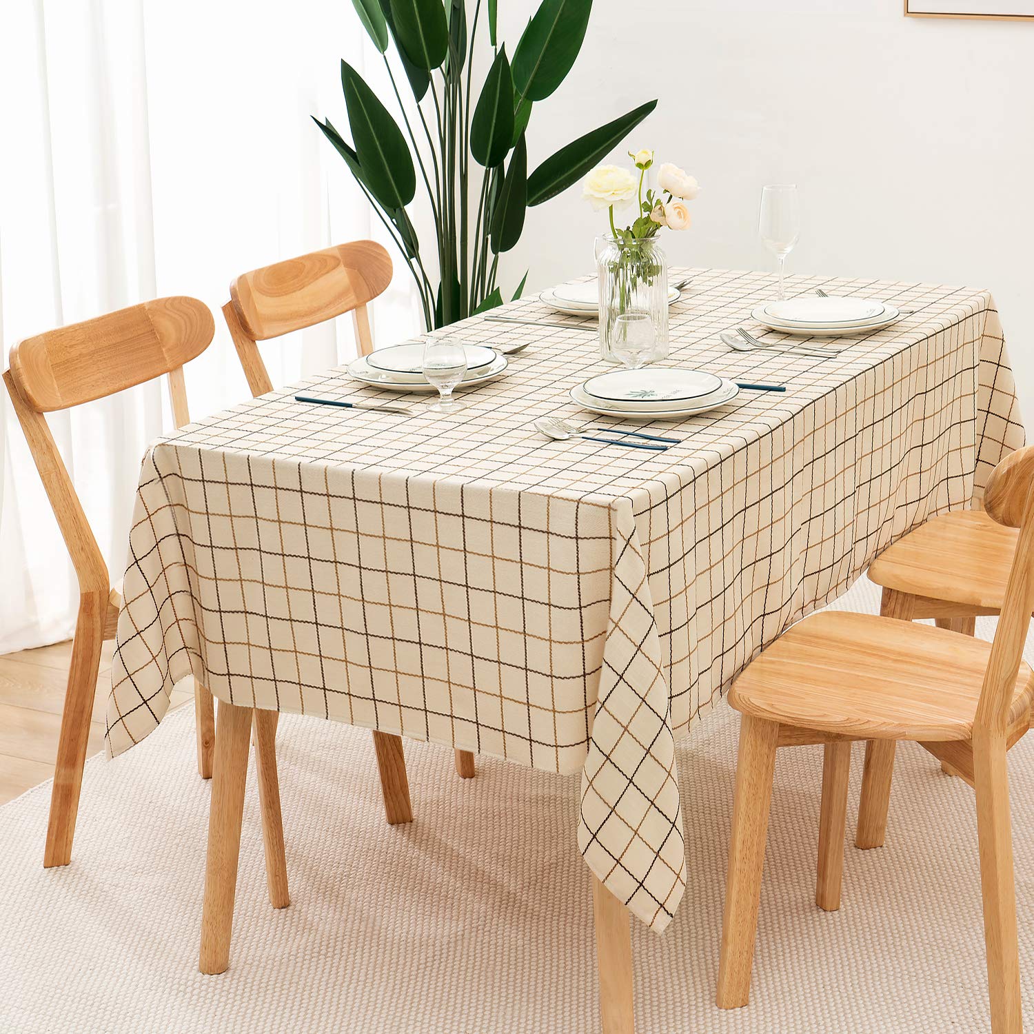 Rectangle Tablecloths, Cotton Linen Lattice Table Cloth Wrinkle Free Washable Dust-Proof Table Cover for Party Kitchen Din...