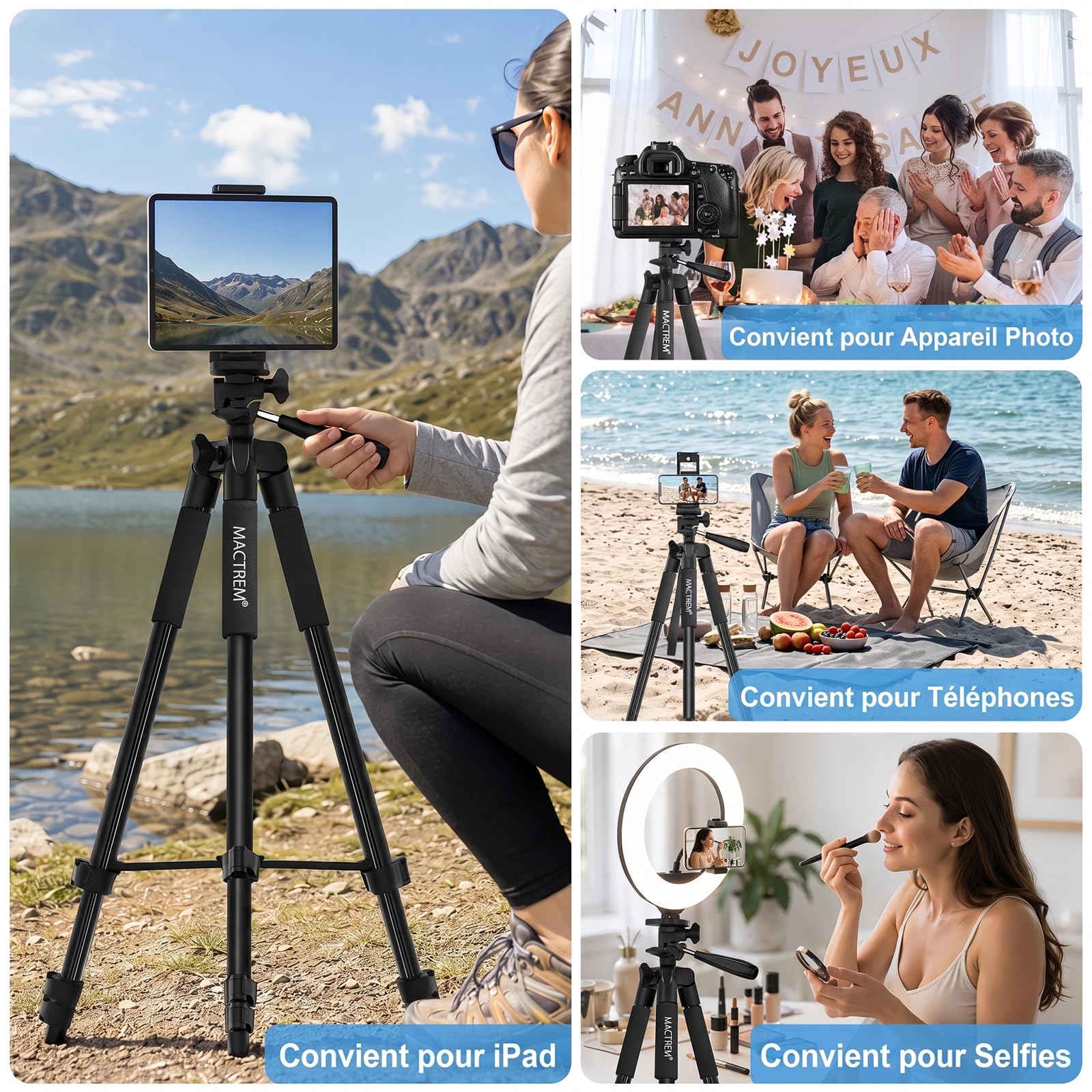 MACTREM 165 cm Trepied Smartphone Alliage Aluminium Léger, Trepied Appareil Photo avec Télécommande sans Fil, Trepied iPhone Sac Transport Inclus, Idéal pour Voyage, Youtube, Selfie, TikTok