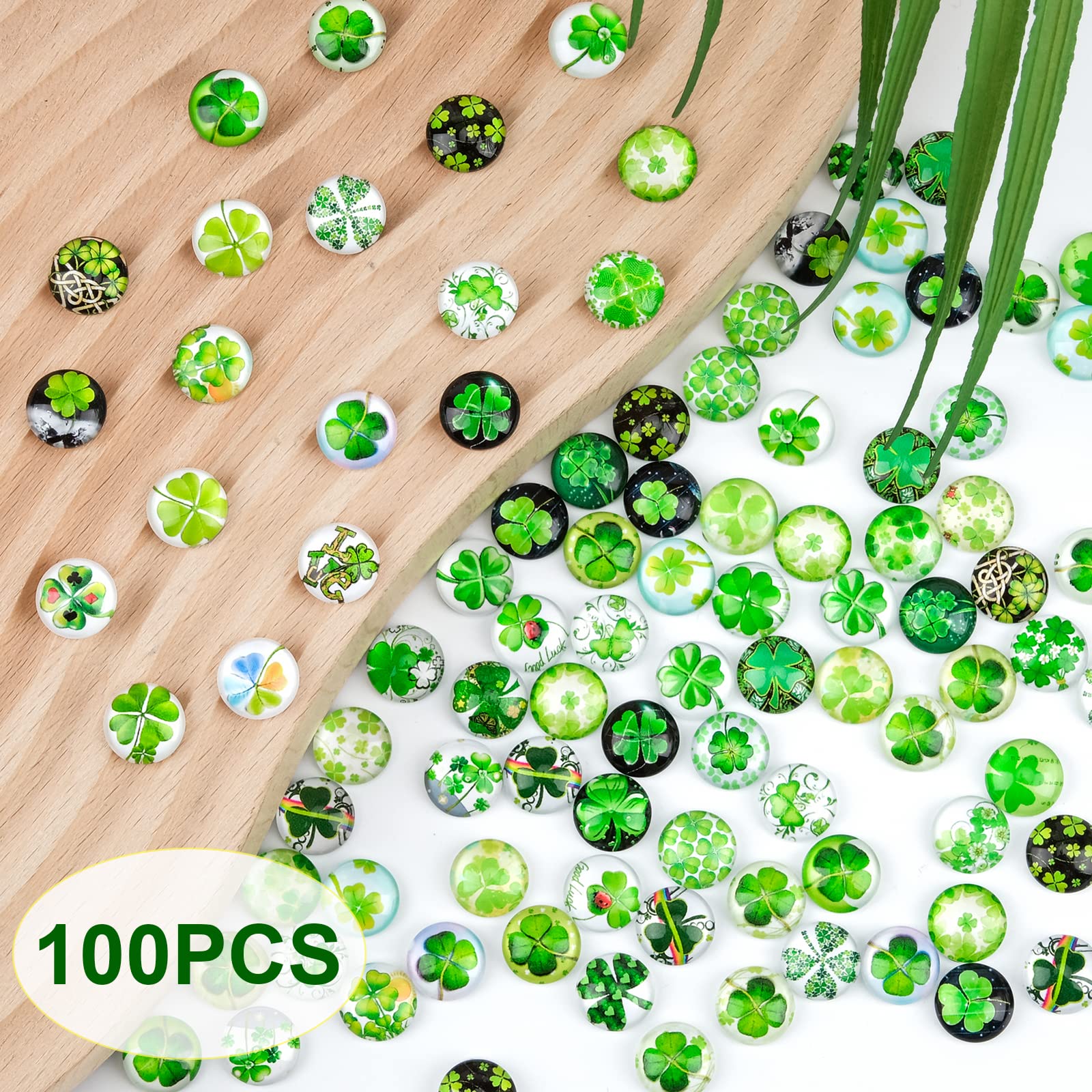 I LOVE MOM 100 Piezas Cabujones de Cristal de Trébol de Cuatro Hojas Piedras de Vidrio de la Suerte para Manualidades DIY,Pendientes,Colgantes, Fabricación de Joyas, Decoración del Hogar