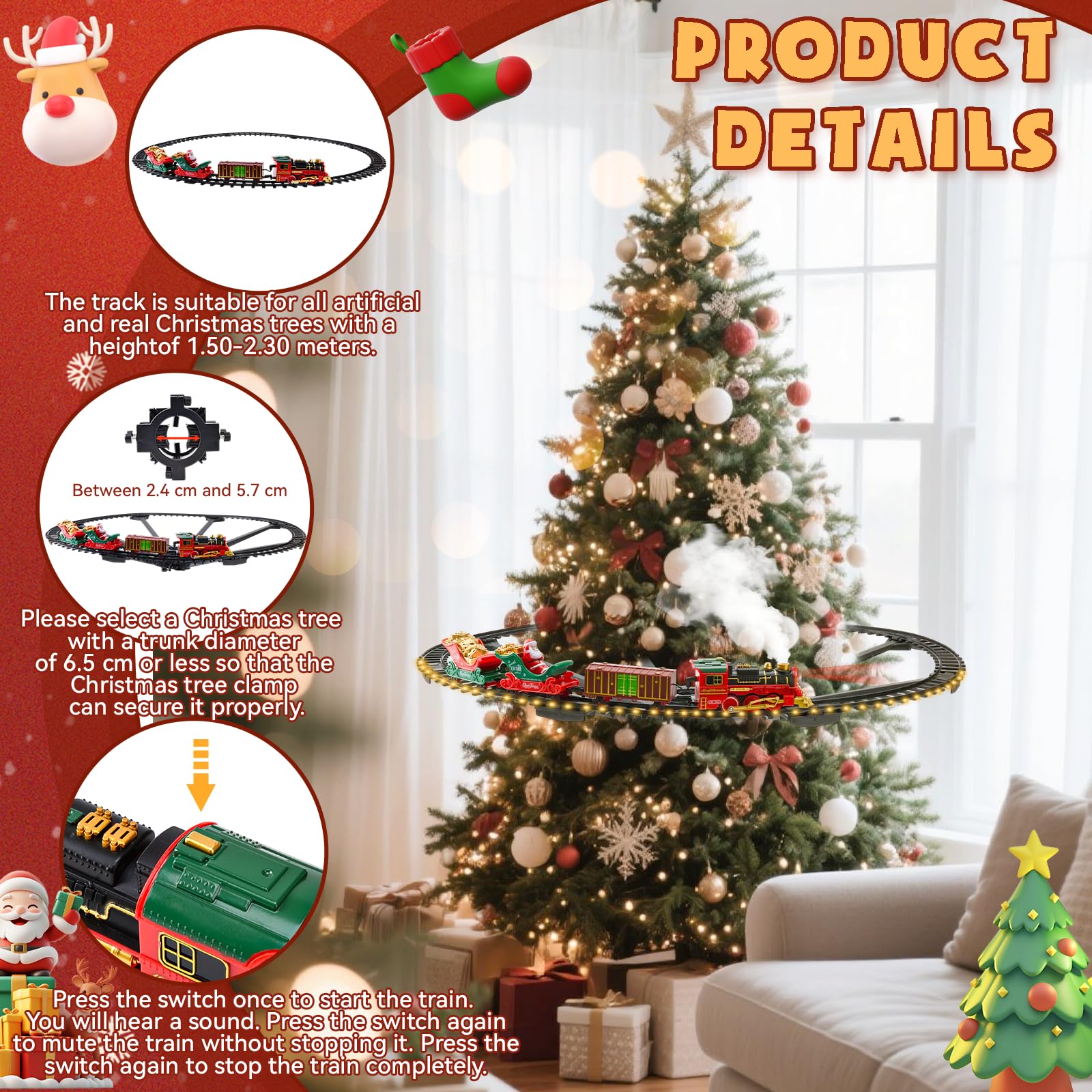 Tren Eléctrico de Navidad con Riel Luminoso - Tren Navideño para Árbol con Luces LED Cálidas, Spray y Sonido, Set Clásico de Trenes de Navidad para Niños 3 Años o Más - Regalo Mágico