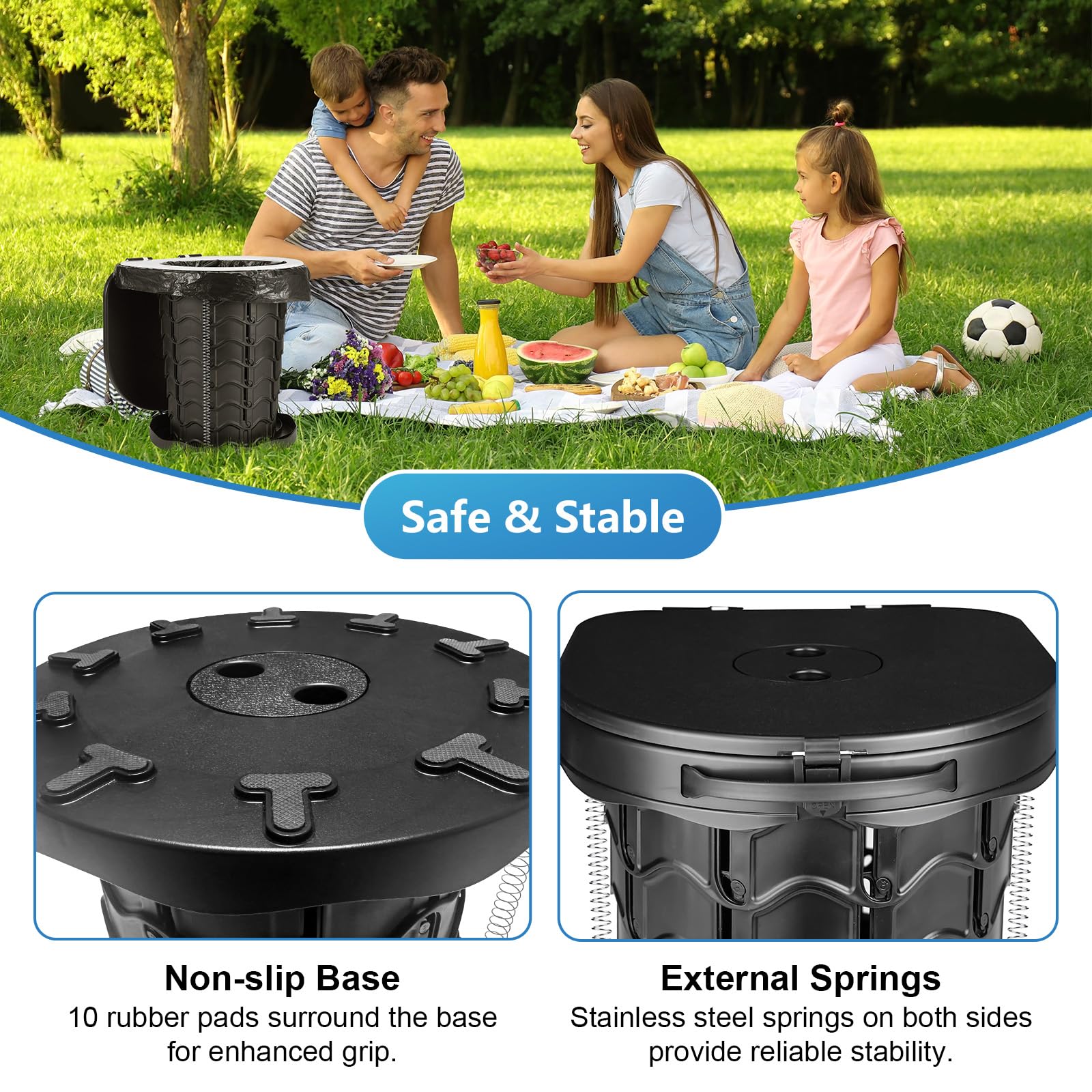 imodomio Camping Portable Toilet for Adults Portable Toilet Comes with 10 Bin Bags and is Ideal for Camping, Hiking, Fishing and Parties. Load Capacity up to 180 kg (Noire, S à Ressort)