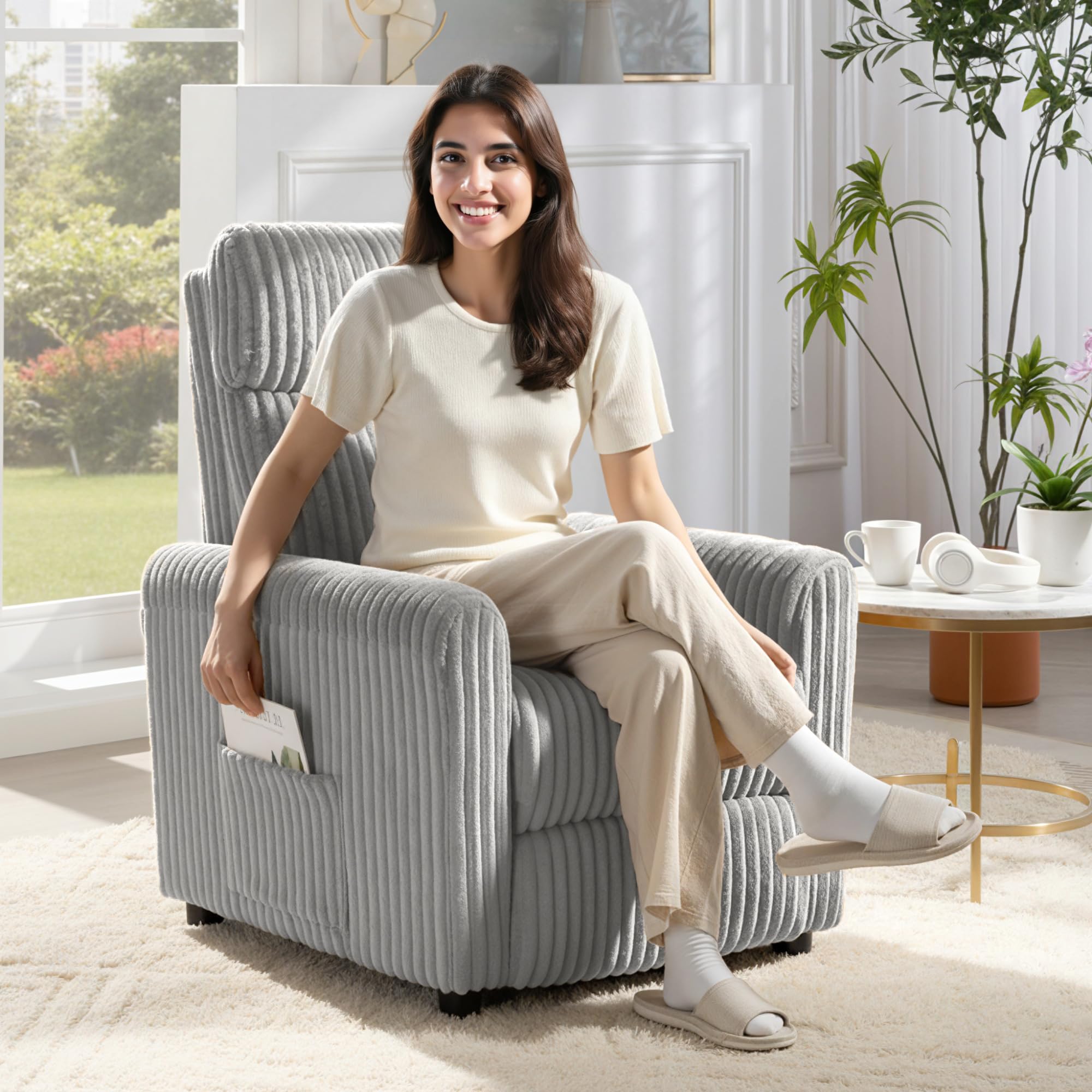 HOMCOM Sillón Relax Reclinable, Sillón Reclinable Manual, Tapizado en Pana, Instalación Rápida, Reposapiés, Acolchado Grueso, para Salón, Dormitorio, Oficina, Gris Claro