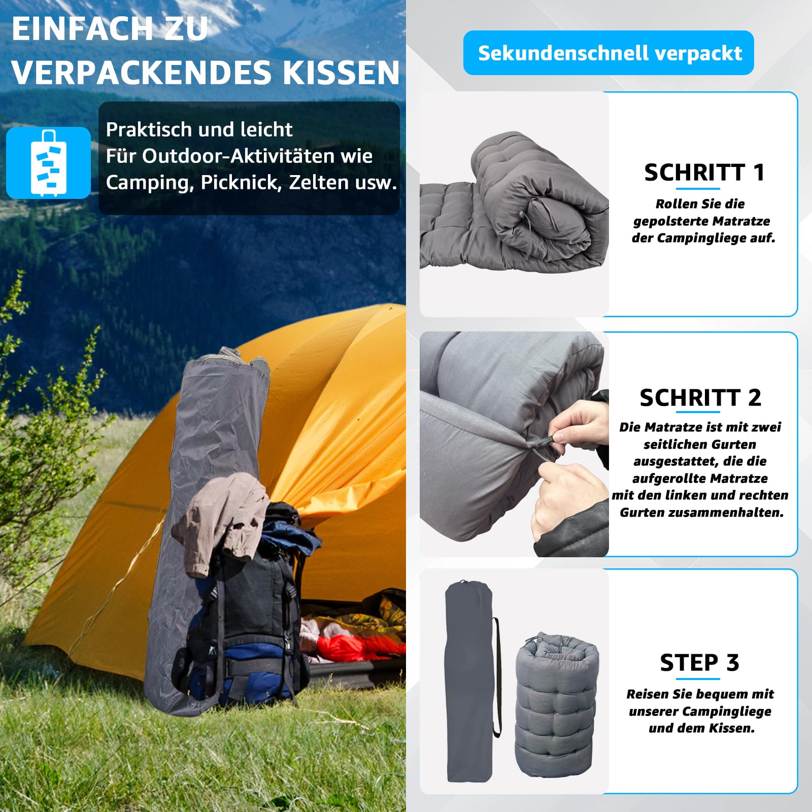 Klappbares Feldbett Campingbett faltbar, 150 kg belastbar - Robustes Gästebett für Outdoor, Camping, Garten & Büro mit Seitentasche und Tragetasche