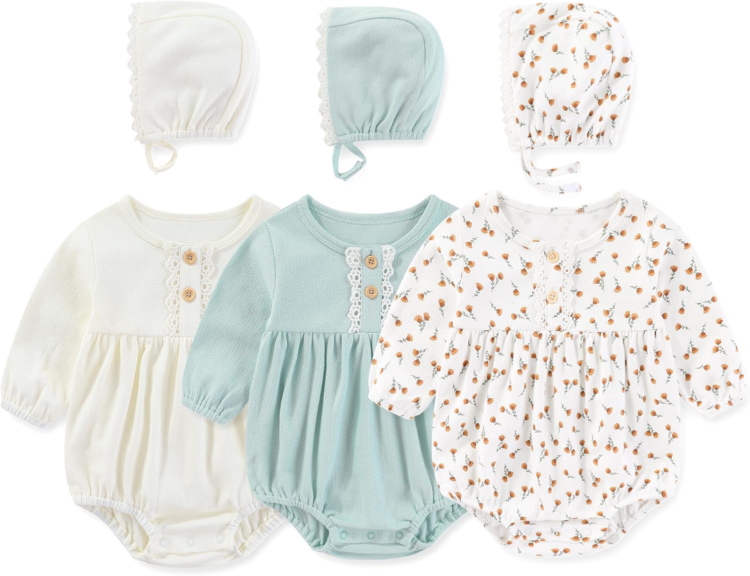 MAMIMAKA Newborn Baby Girl Clothes Cotton Bubble Rompers Infant Outfit Floral Long Sleeve Bodysuit, 3 Pack
