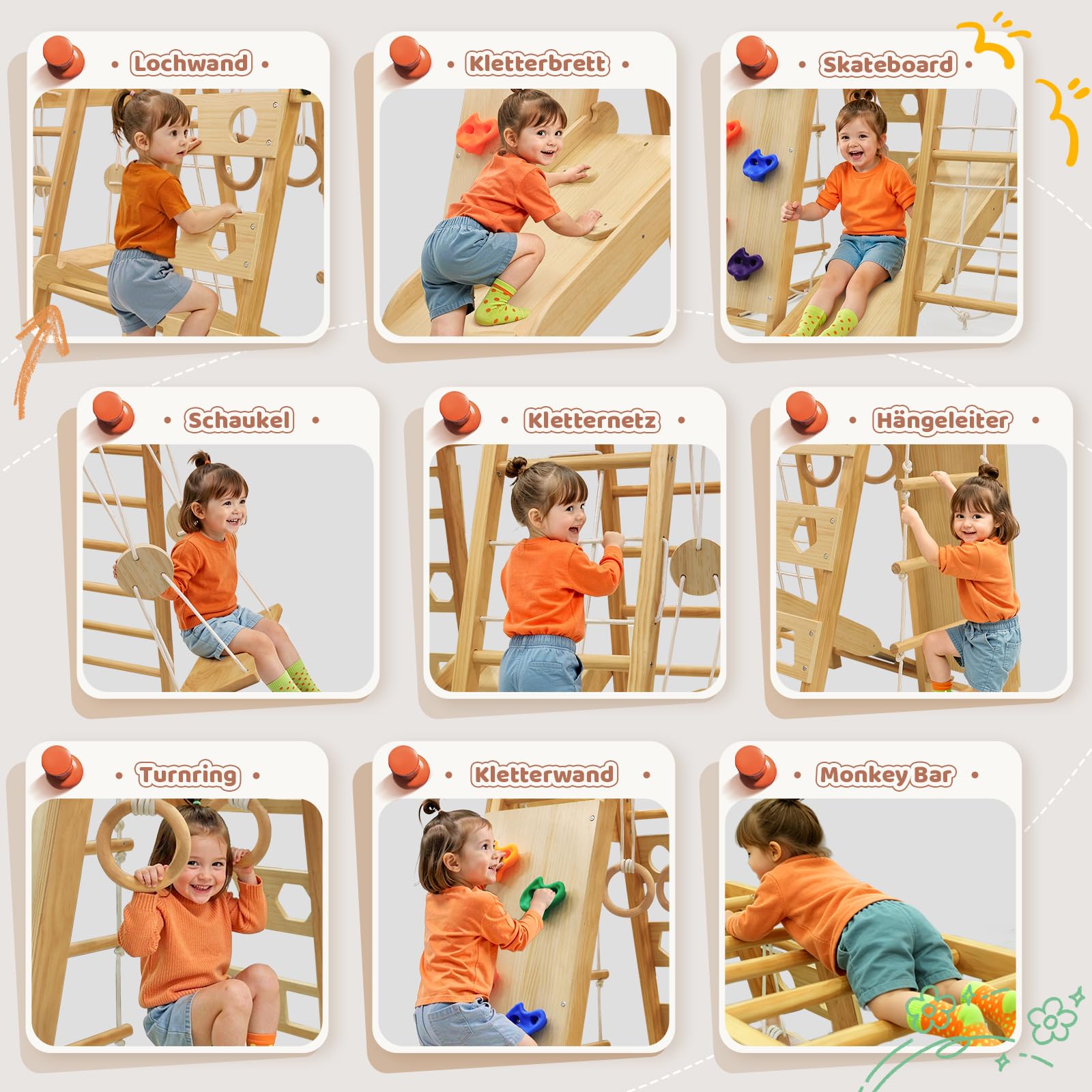 Maxi Estructura de Escalada de Interior, 10 en 1 Multifuncional Estructura de Escalada para Niños, Impermeable&Plegable, Montessori Set de Escalada de Madera, Monopatín, Balancearse