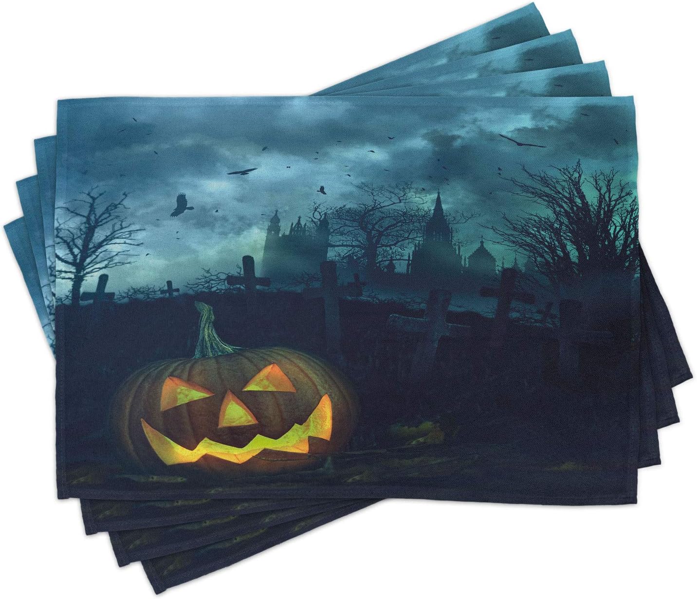 Lunarable Halloween Place Mats Set of 4, Halloween Pumpkin in Spooky Graveyard Eerie Gloomy Stormy Atmosphere, Washable Fabric Placemats for Dining Room Kitchen Table Decor, Petrol Blue Yellow