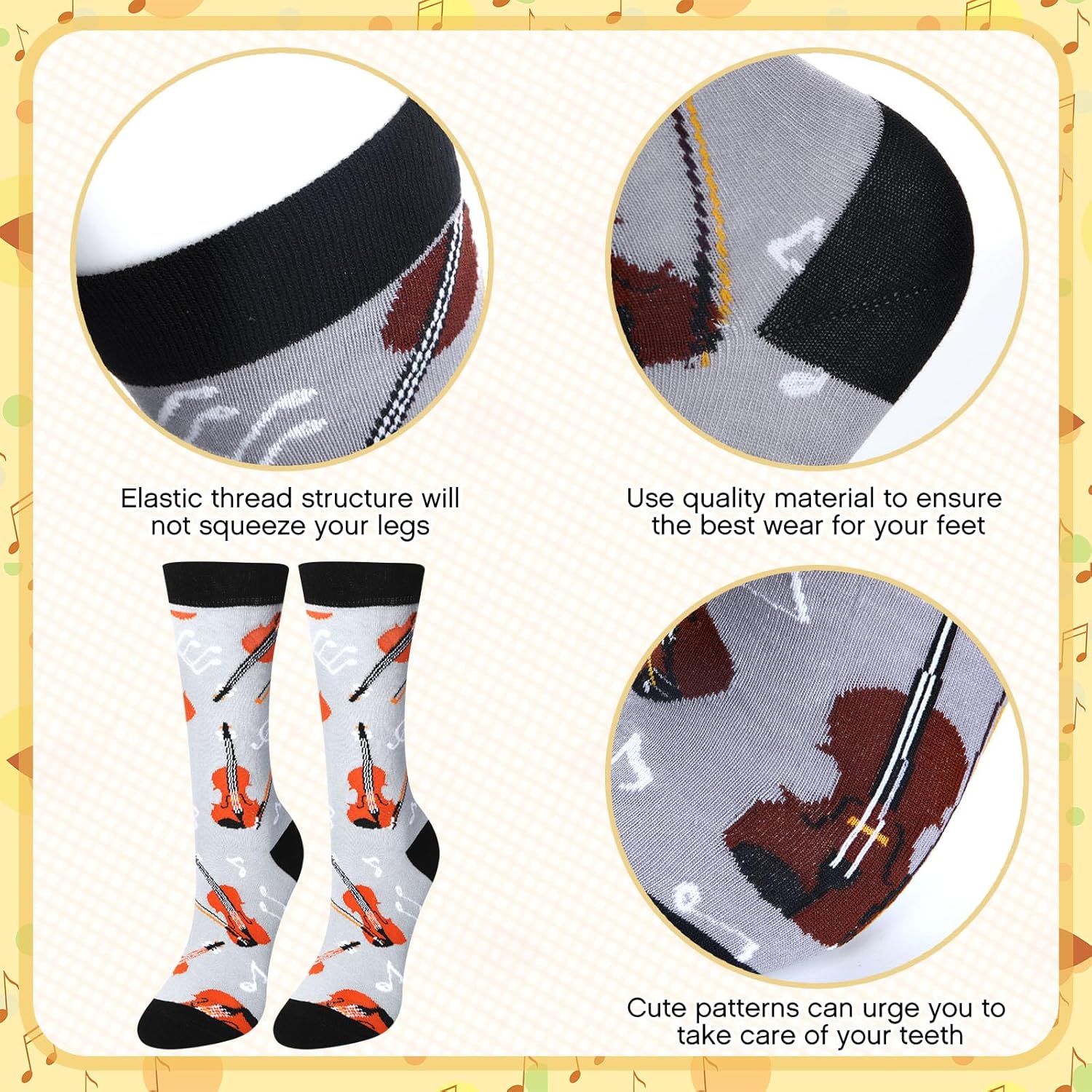 6 Pairs Novelty Music Socks for Men Funny Music Gift The Musical Merch Rocker Piano Drum Set Notes Stave Guitar Socks Christmas Birthday Holiday Party Favors for Lovers Teachers Musicians - Image 3