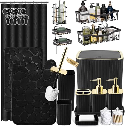 Miniatura 42 de Juego de baño con cortina de ducha y alfombras - Juego de accesorios de baño de 25 piezas, juego de cortina de ducha azul marino, escobilla para el