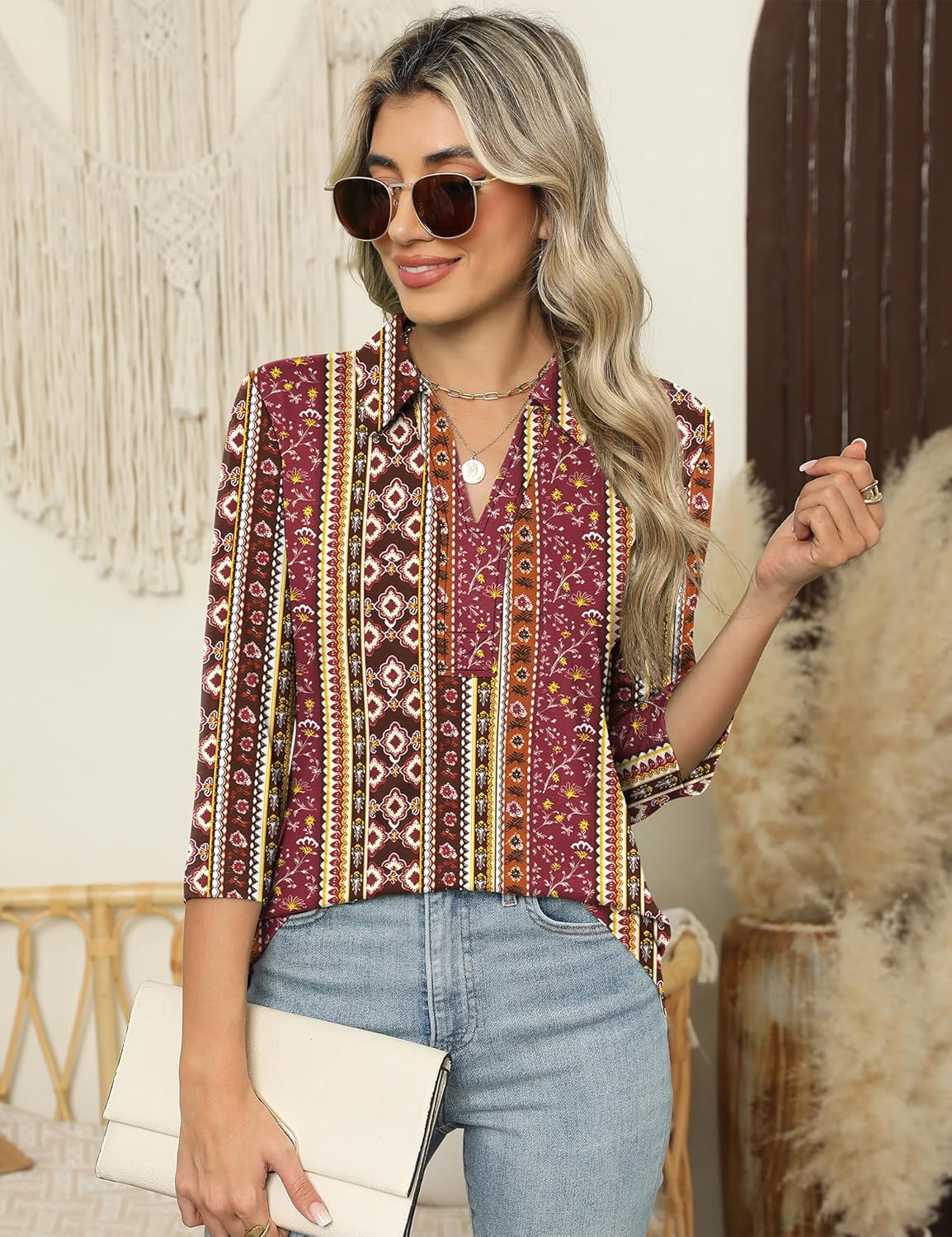 ZHENWEI Women's 3/4 Length Sleeve V-Neck Collared Tops Summer Business Casual Work Polo Shirts 2025 - Image 2