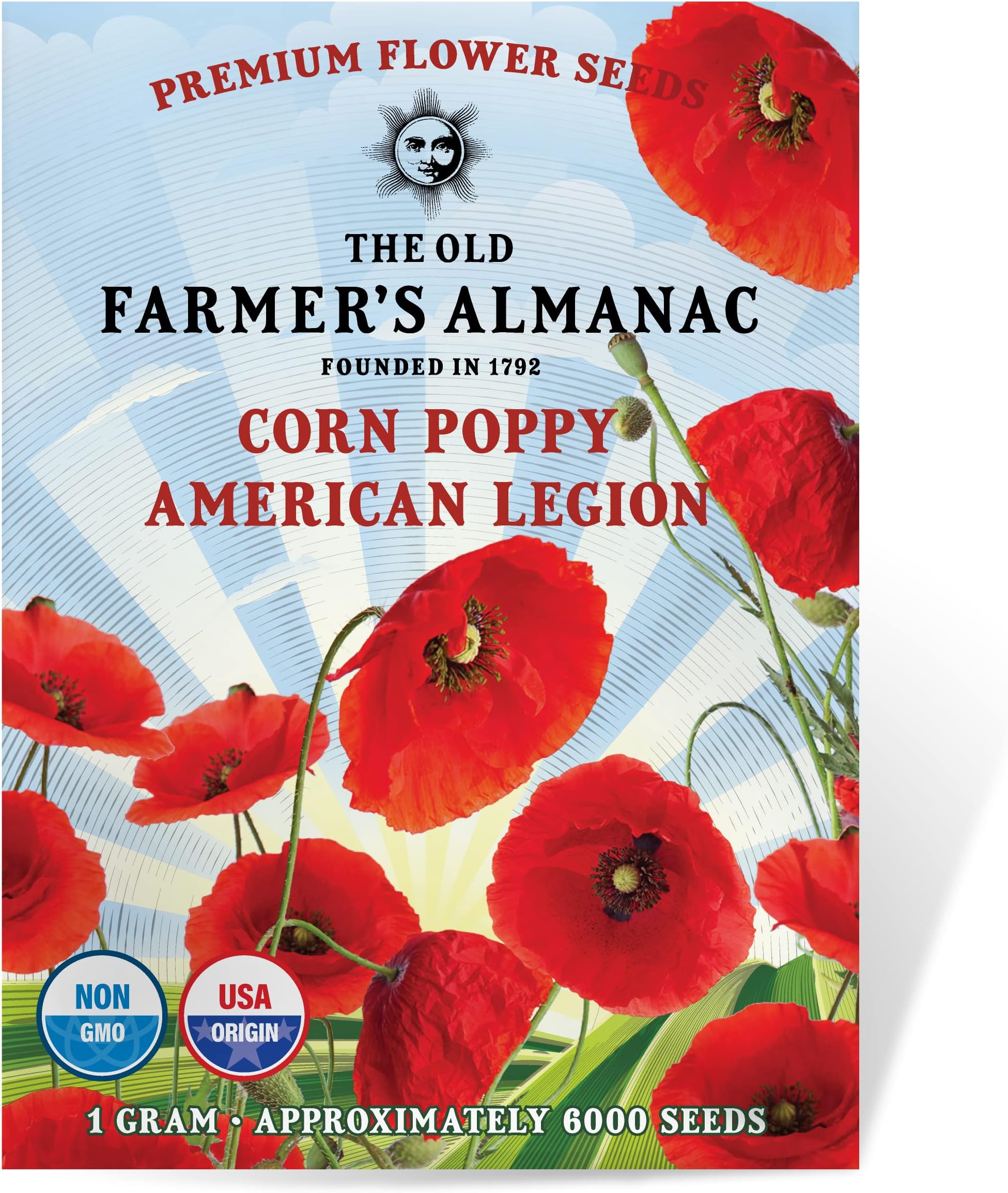 The Old Farmer's Almanac Poppy Seeds (American Legion) - Approx 5000 Flower Seeds - Premium Non-GMO, Open Pollinated, USA Origin