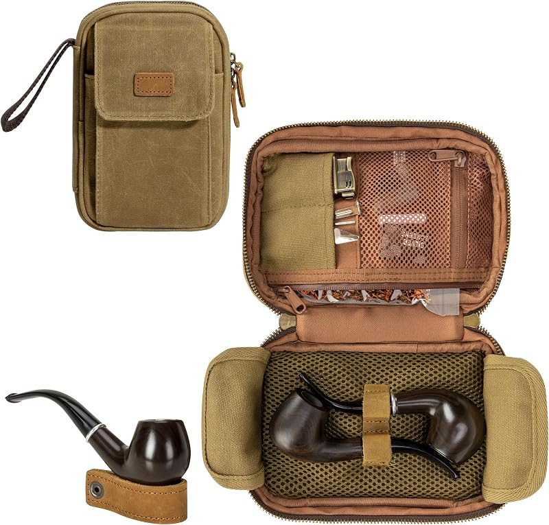 Yarwo Waxed Canvas Tobacco Pipe Pouch Holds 2 Pipes and Accessories | Smell Proof Tobacco Smoking Storage Bag Case with Leather Pipe Stand for Travel, Gifts for Men Dad Grandpa, Bag Only