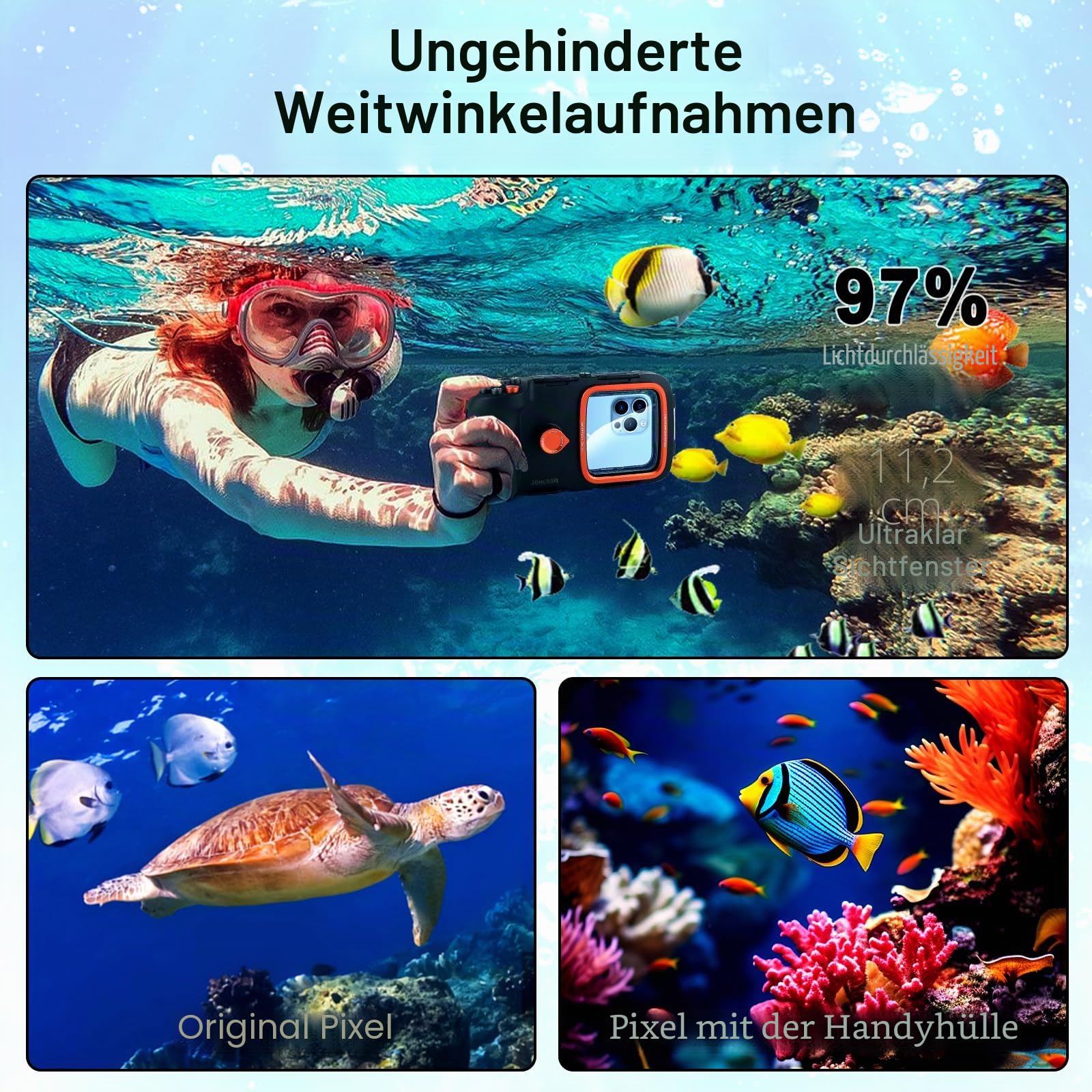 Unterwasser-Schutzhülle, wasserdicht, Tauchen, Schnorcheln, universal, Unterwasser-Foto- und Video-Tauchgehäuse, Griff für iPhone 16, 15, 14, 13, 12, 11 Pro Max/XS/X, Samsung Galaxy und weitere Handys