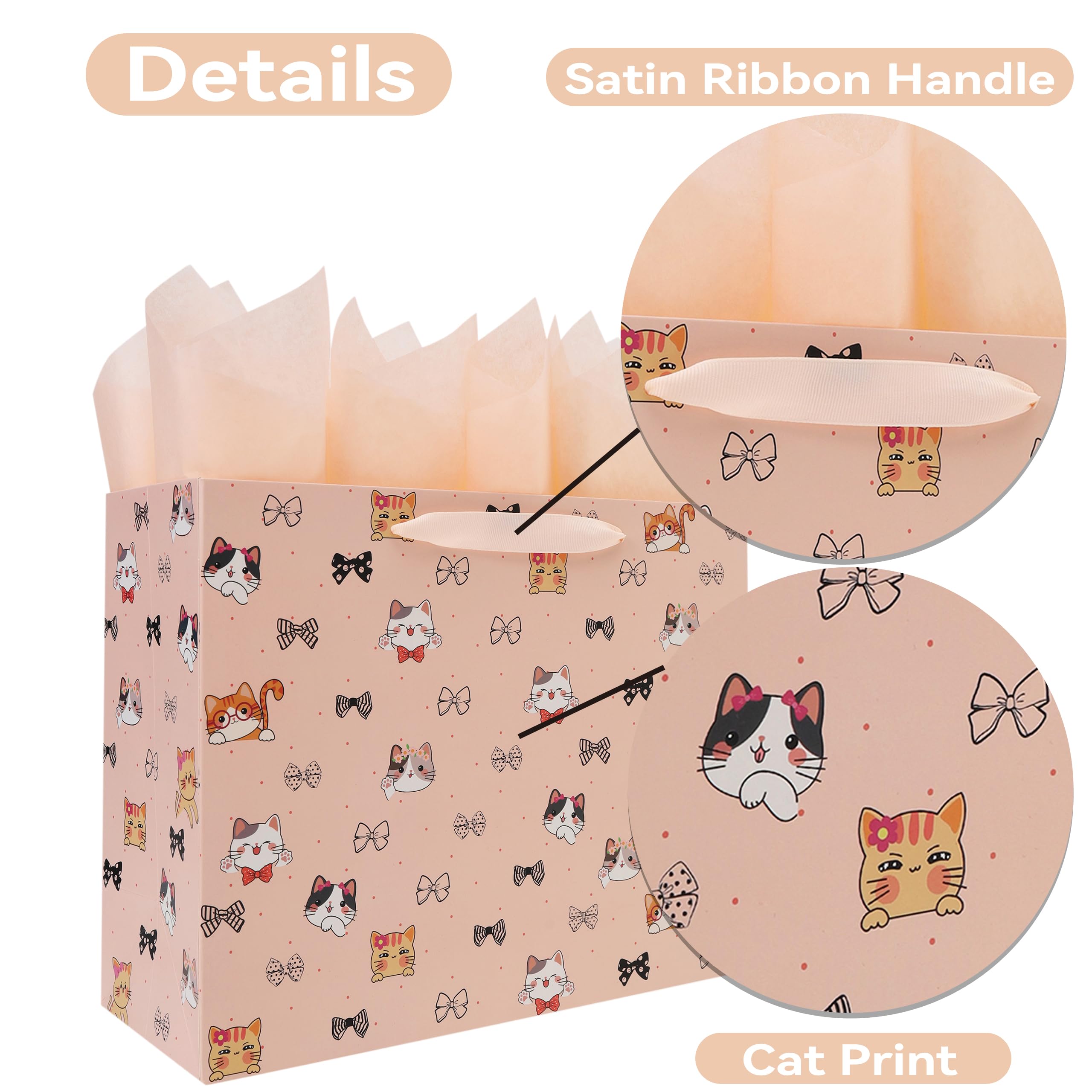 wishinside 13'' Large Cat & Bow Gift Bag Set with Handles, Greeting Card, Pink Tissue Papers and Stickers for Women Girls for Birthday, Wedding, Bridal Shower, Baby Shower, Cat Design, 1 Pcs