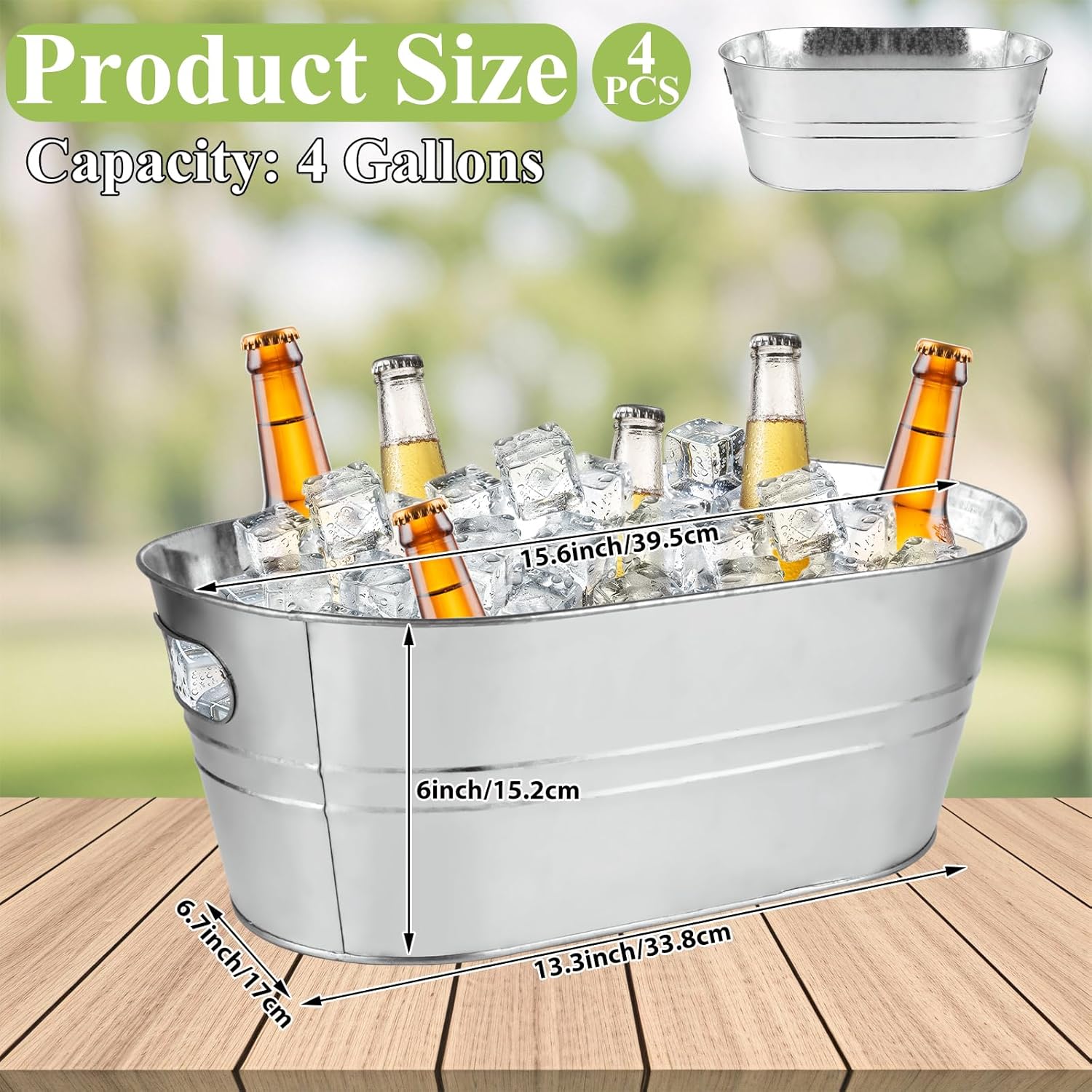 4 PCS Galvanized Bucket 3.4 Gallon Ice Buckets for Parties with Carry Handles Stainless Steel Beverage Tub for Parties 3.4 Gallon Galvanized Tub Drink Buckets for Parties,Mimosa Bar,Champagne