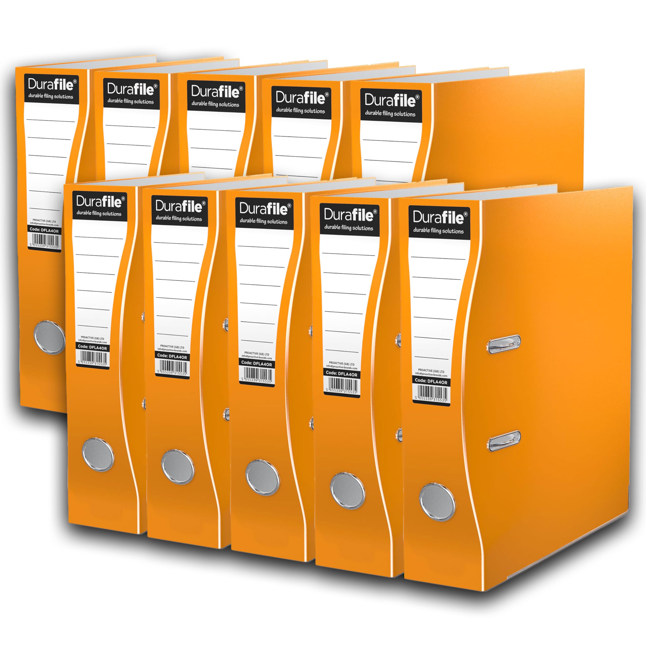 Durafile Lever Arch Files, Orange, Pack of 10 Folders, Heavy Duty Board Construction Suitable for A4 Size Documents, Ideal folders for School, Home and The Office