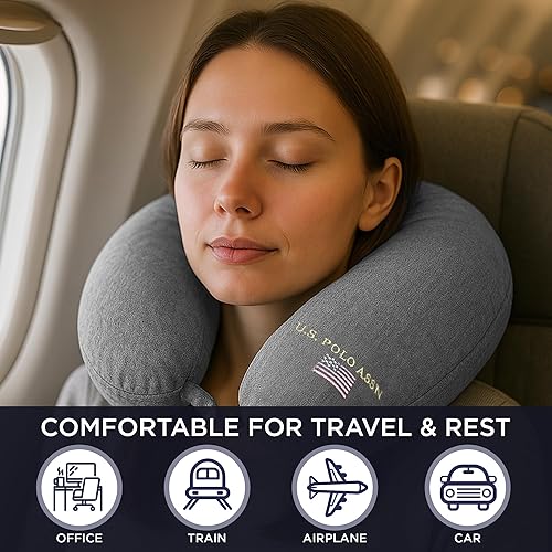 Miniatura 2 de U.S. Polo Assn. Almohada de cuello de viaje de espuma viscoelástica de felpa, color gris nube