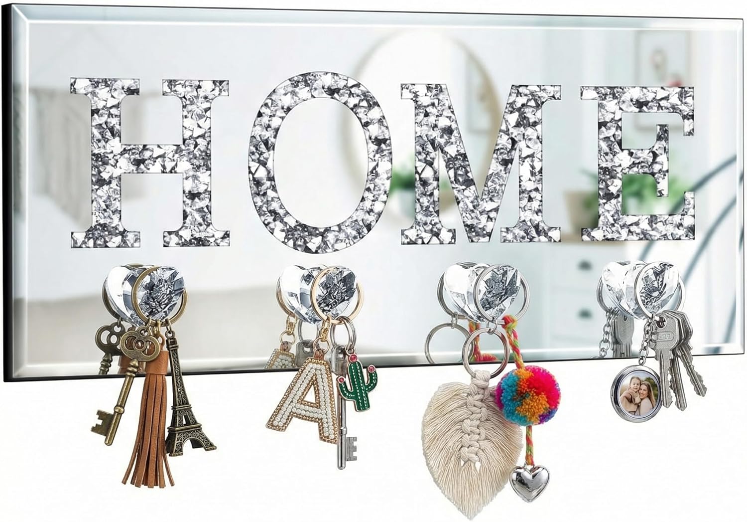 Yalikop Keys Holder on Wall Crush Diamond Mirrored Home Letter Plaque Sign Wall Mounted Clear Heart Shape Hooks Key Hanger Christmas Gift Door Bookshelf Decorative