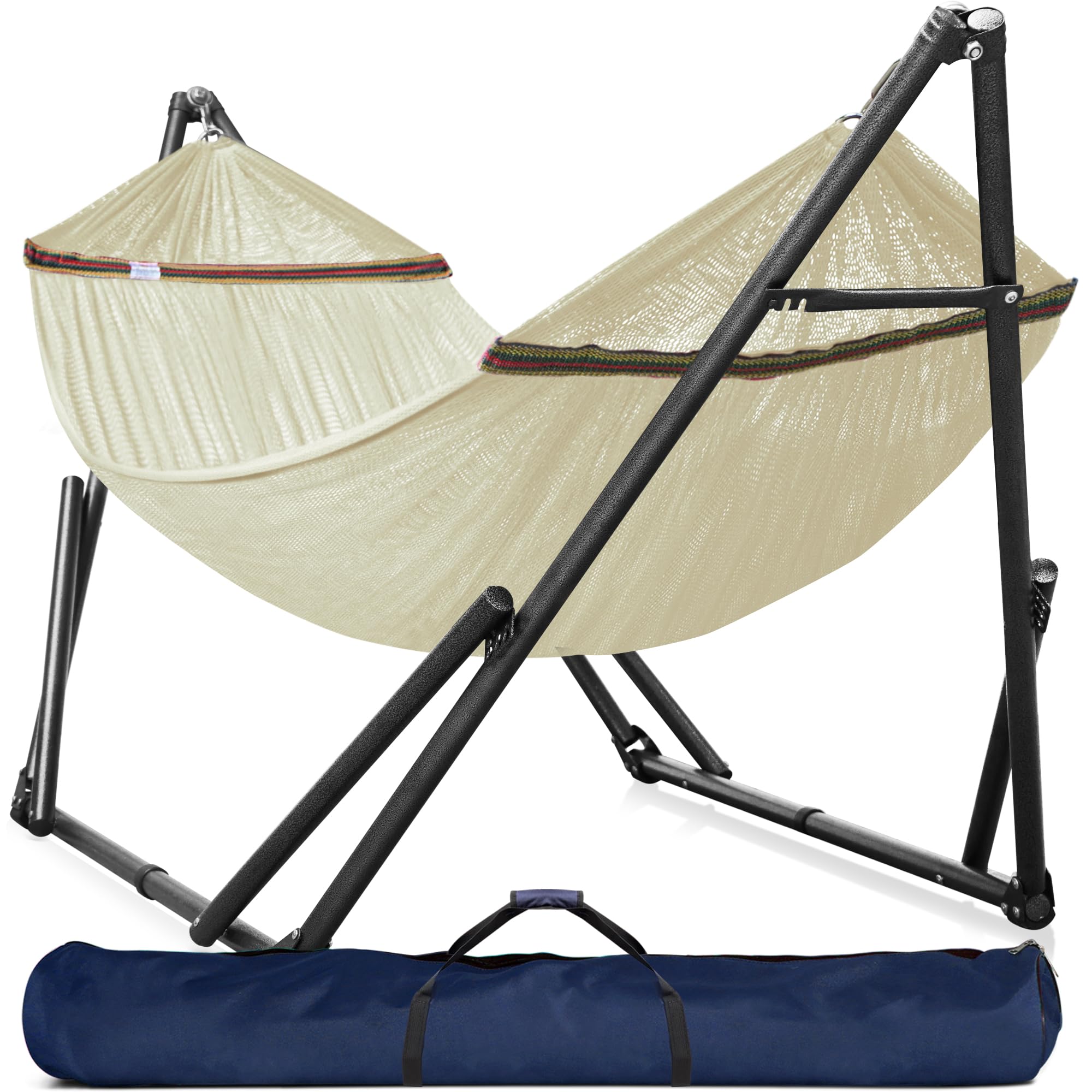 Tranquillo Double Hammock with Stand Included for 2 Persons/Foldable Hammock Stand 550 lbs Capacity Portable Case - Inhouse, Outdoor, Camping, White