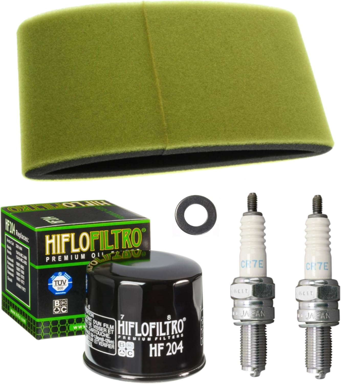 Generic OEM Air Filter 11013-0021 with Premium Oil Filter, 2 NGK Spark Plugs CR7E, and Drain Plug Washer Compatible with Kawasaki Brute Force 650 750 KFX700 Prairie 700