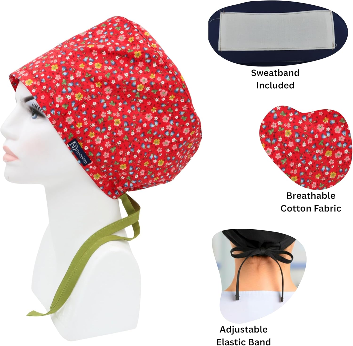 Surgical Cap for Women and Men – Wide Fit, Cotton Tie Back & Elastic – Non-Slip Medical Scrub Cap for Nurses, Doctors, Chefs
