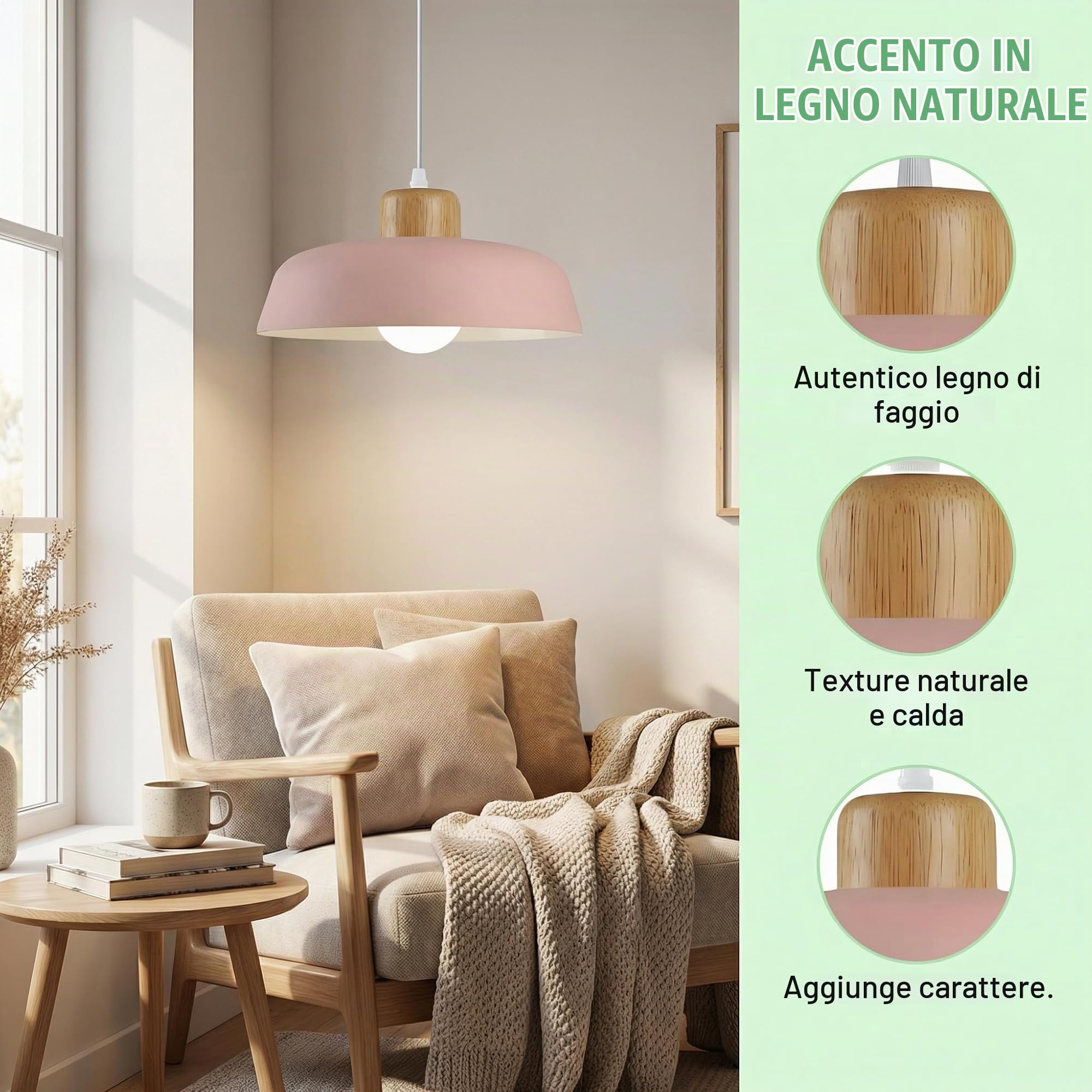 30cm Lampadario Rotondo Moderno in Metallo & Legno, Lampada a Sospensione Semplice E27 per Soggiorno Cucina Camera da Letto (Rosa)